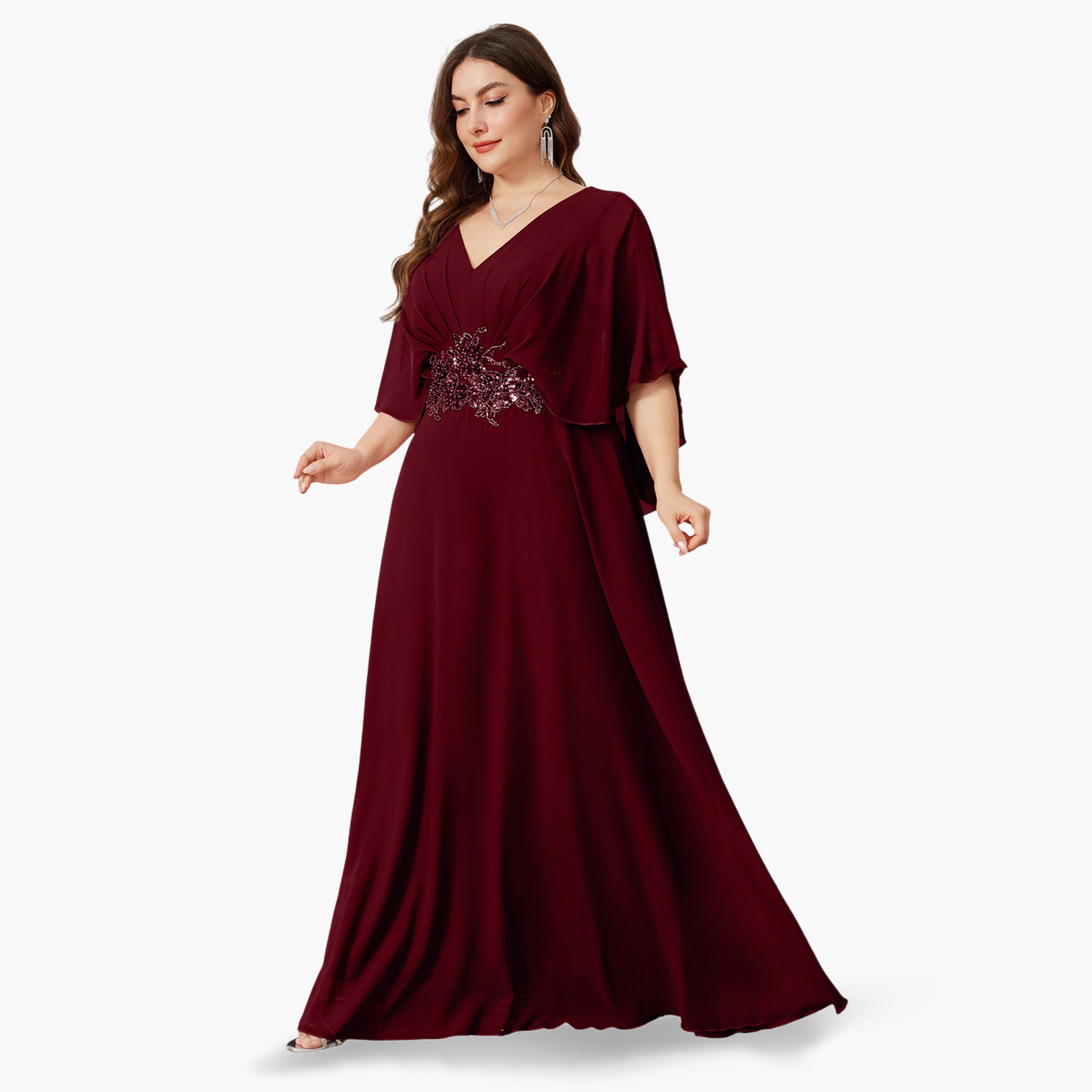 UNITHORSE X Styli Plus Size Burgundy Sequin Embellishment A-Line Maxi Dress-women-clothing-dresses-image-3
