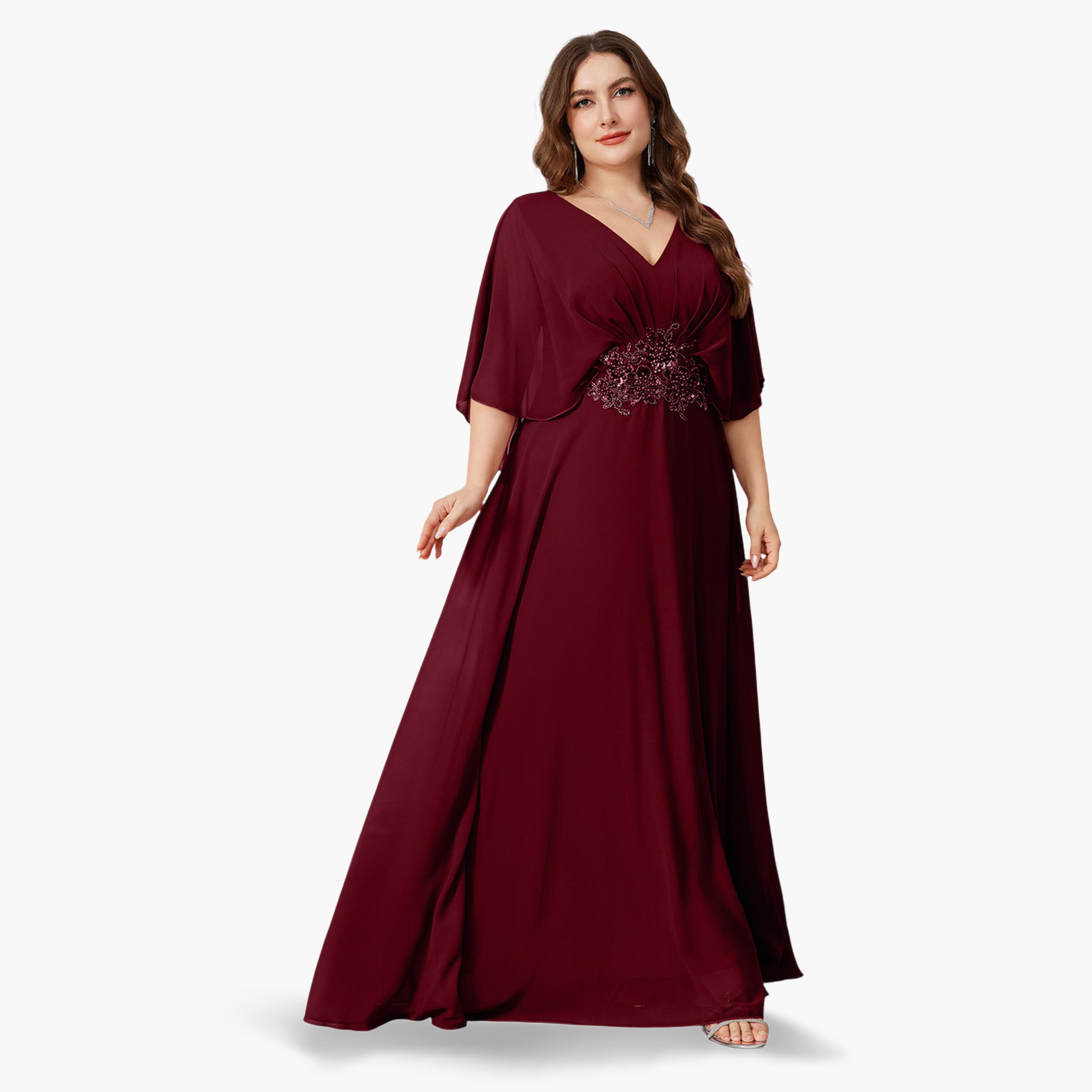 UNITHORSE X Styli Plus Size Burgundy Sequin Embellishment A-Line Maxi Dress-women-clothing-dresses-image-4
