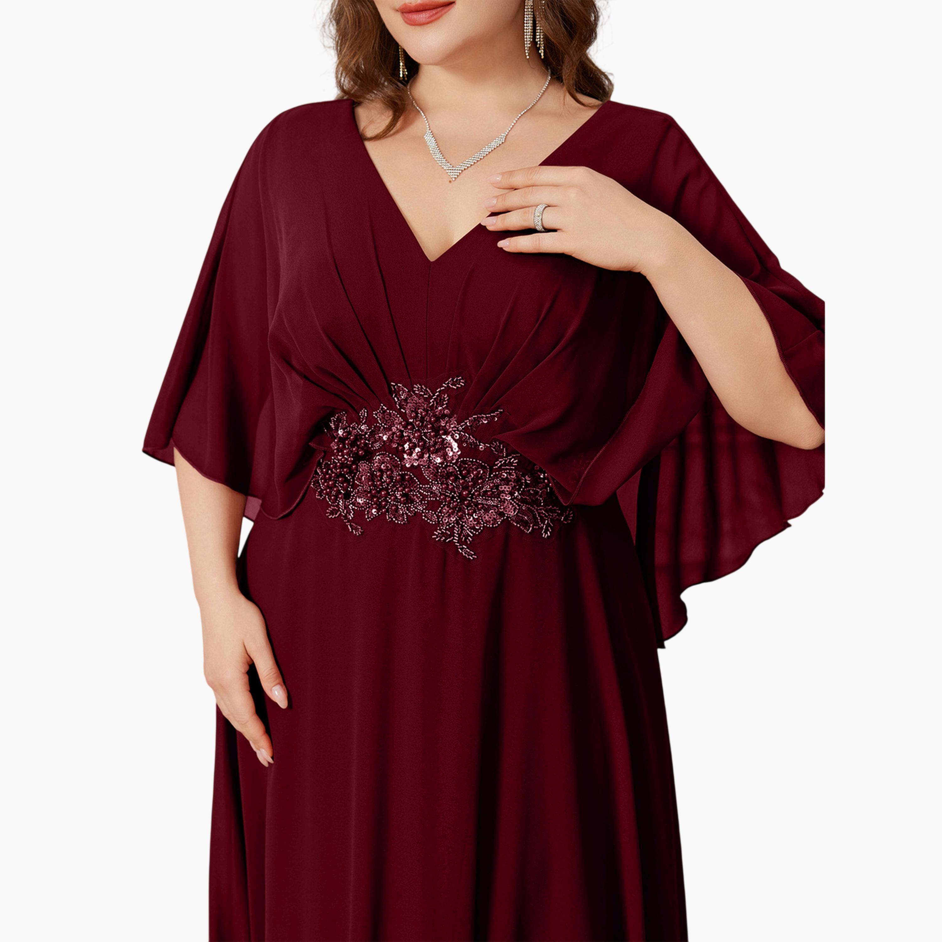 UNITHORSE X Styli Plus Size Burgundy Sequin Embellishment A-Line Maxi Dress-women-clothing-dresses-image-6