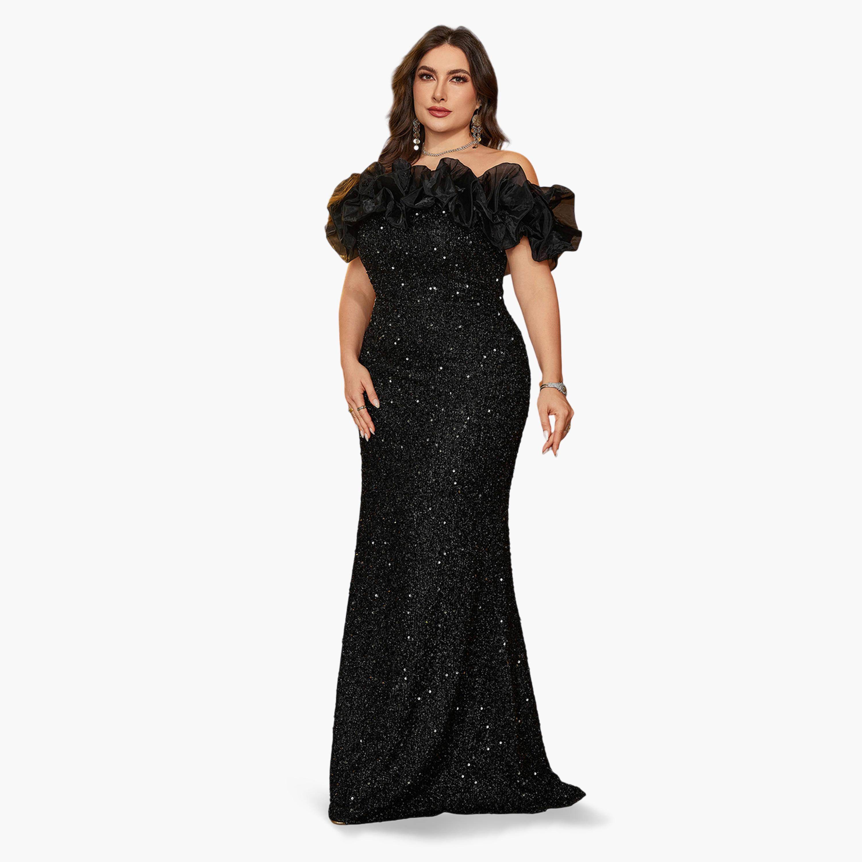فستان طويل بحافة واسعة ومقاس كبير منمق بالترتر-women-clothing-dresses-image-1