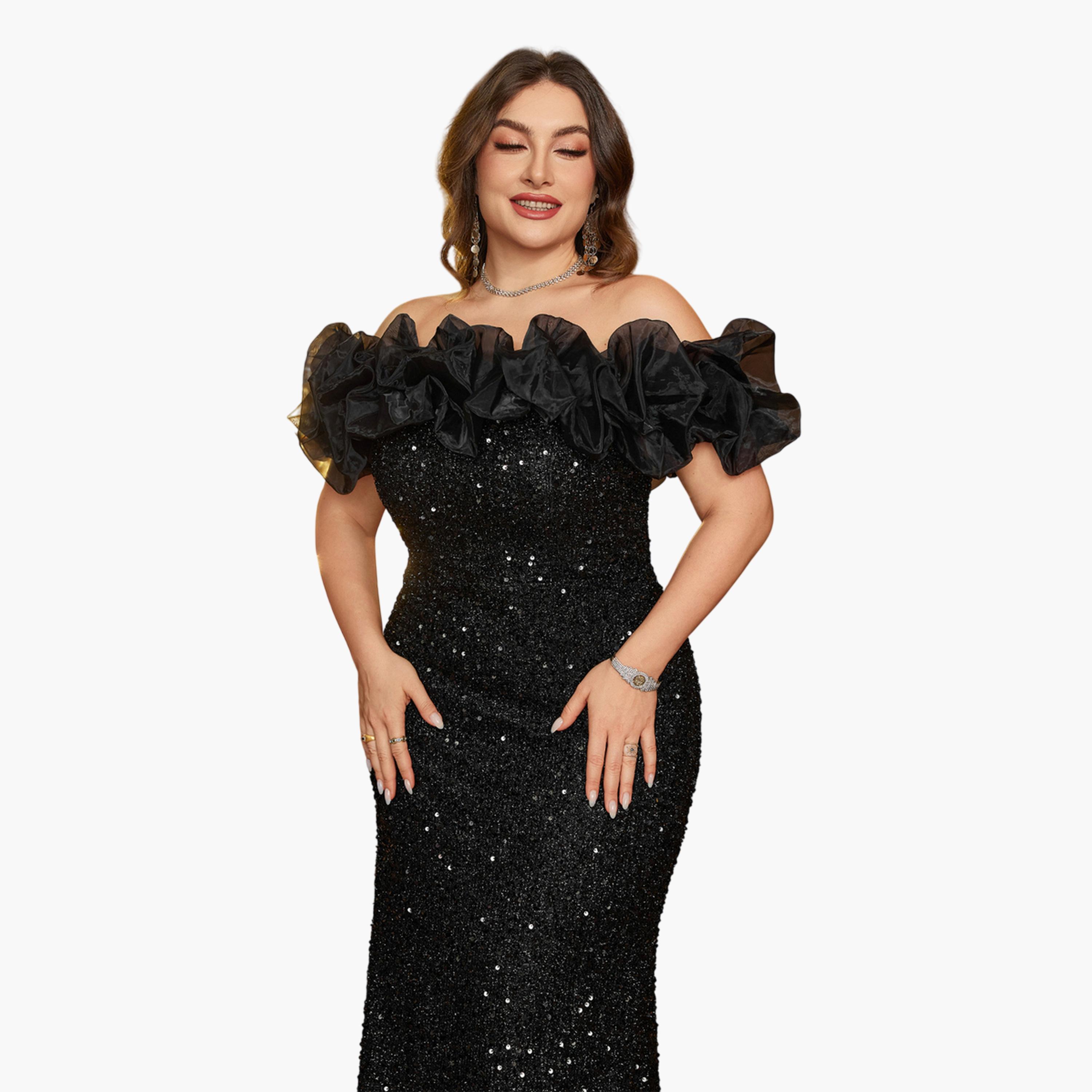 فستان طويل بحافة واسعة ومقاس كبير منمق بالترتر-women-clothing-dresses-image-2
