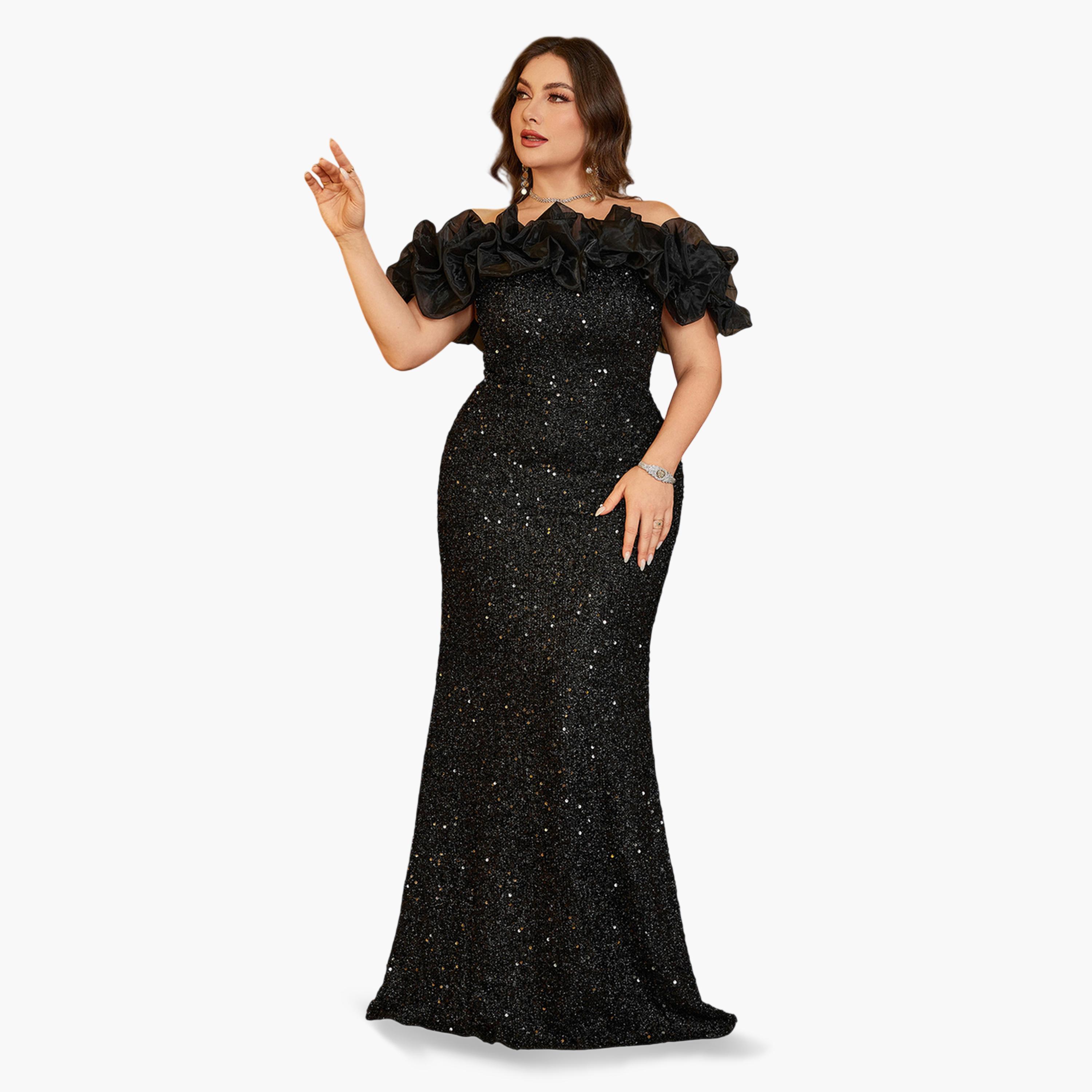 فستان طويل بحافة واسعة ومقاس كبير منمق بالترتر-women-clothing-dresses-image-3