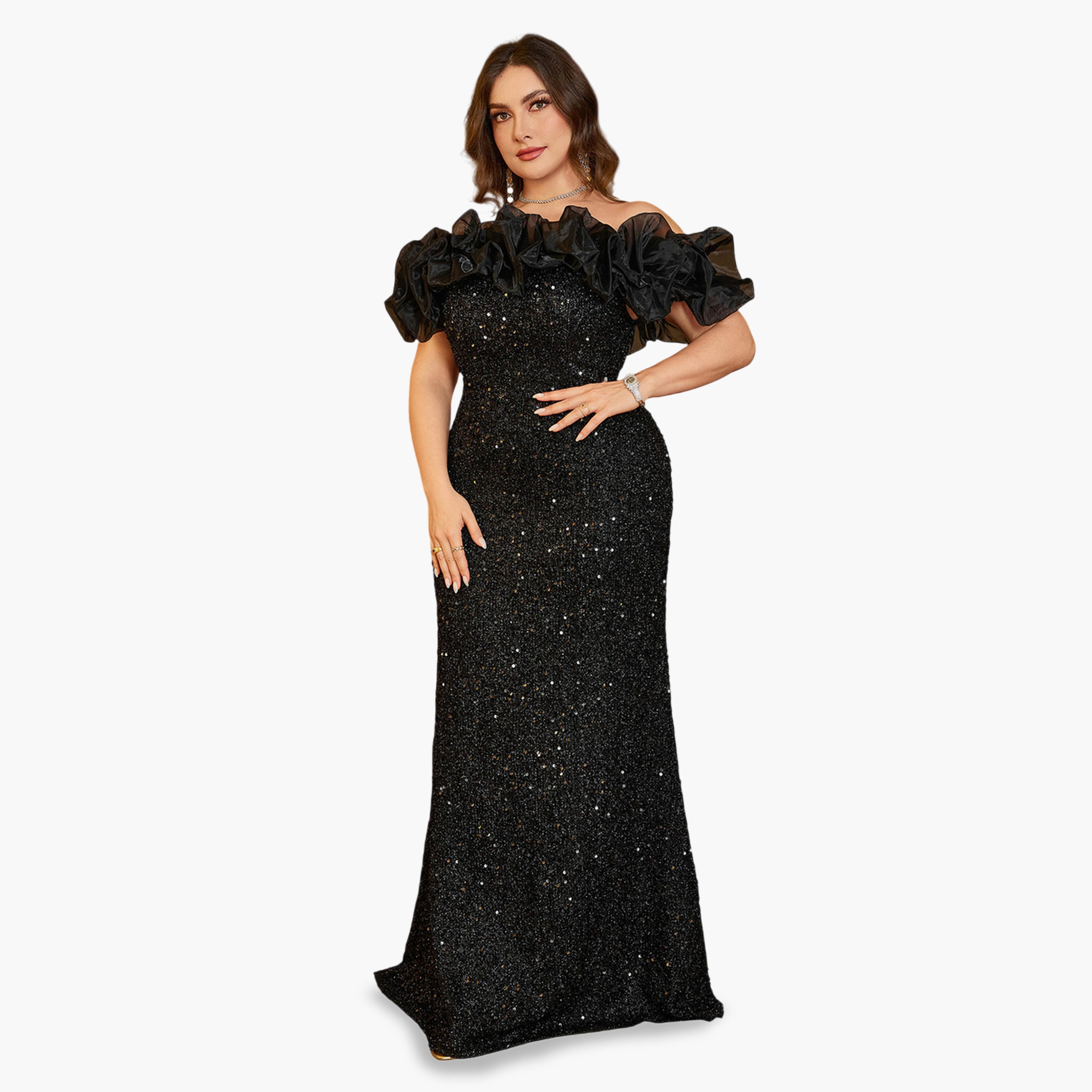 فستان طويل بحافة واسعة ومقاس كبير منمق بالترتر-women-clothing-dresses-image-4