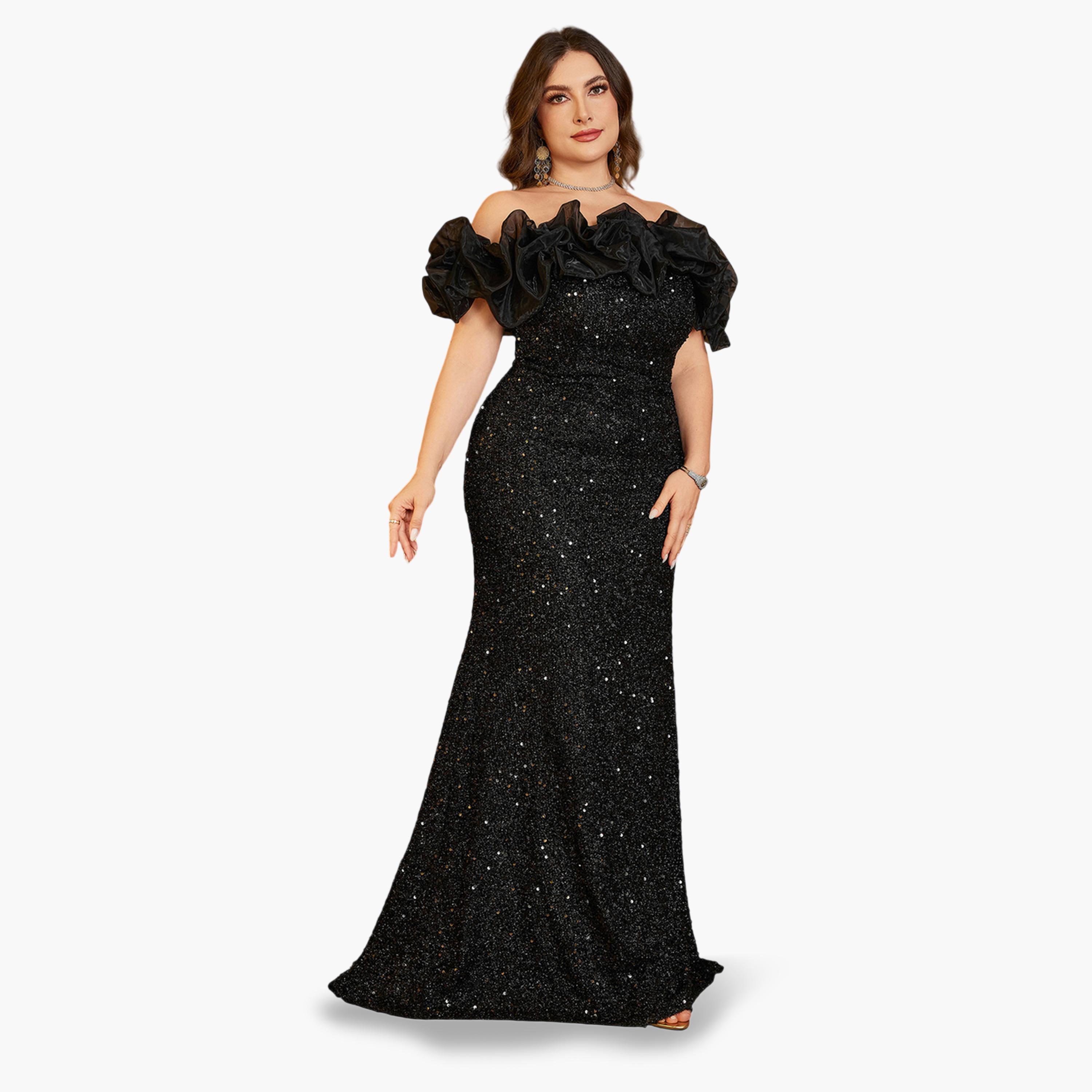 فستان طويل بحافة واسعة ومقاس كبير منمق بالترتر-women-clothing-dresses-image-5