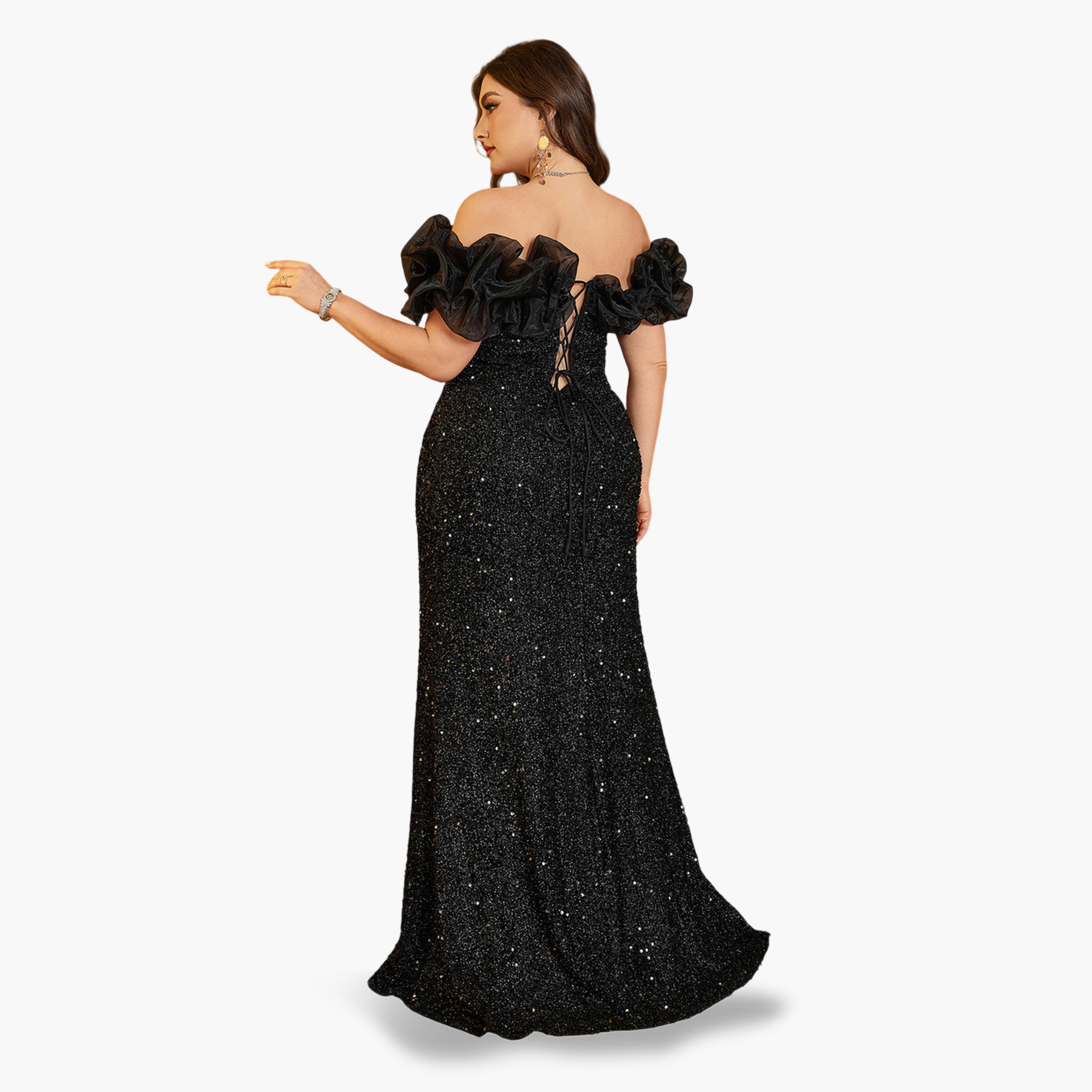 فستان طويل بحافة واسعة ومقاس كبير منمق بالترتر-women-clothing-dresses-image-6