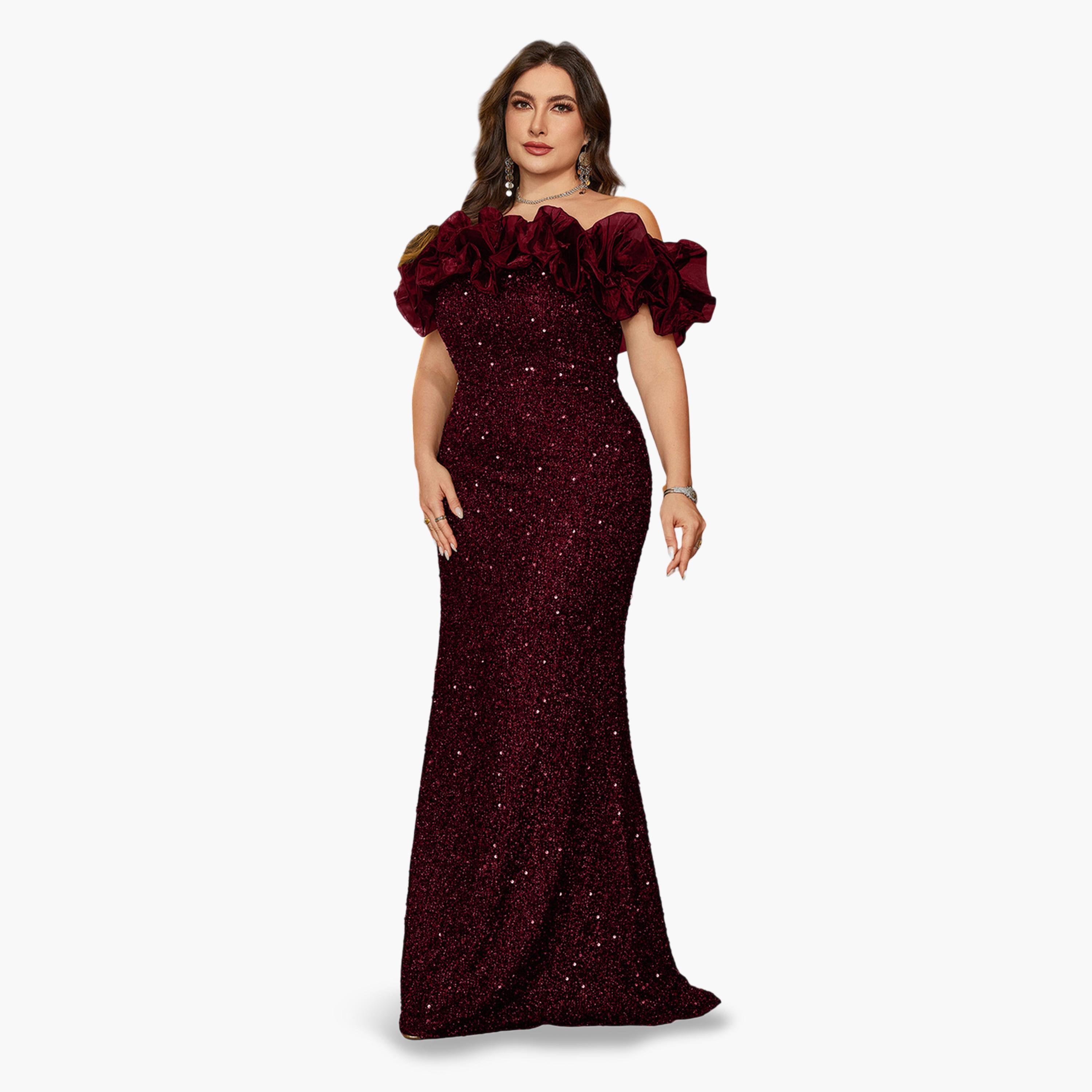 UNITHORSE X Styli Plus Size Burgundy Floral Off-Shoulder Sleeves Sequined Maxi Dress-women-clothing-dresses-image-1