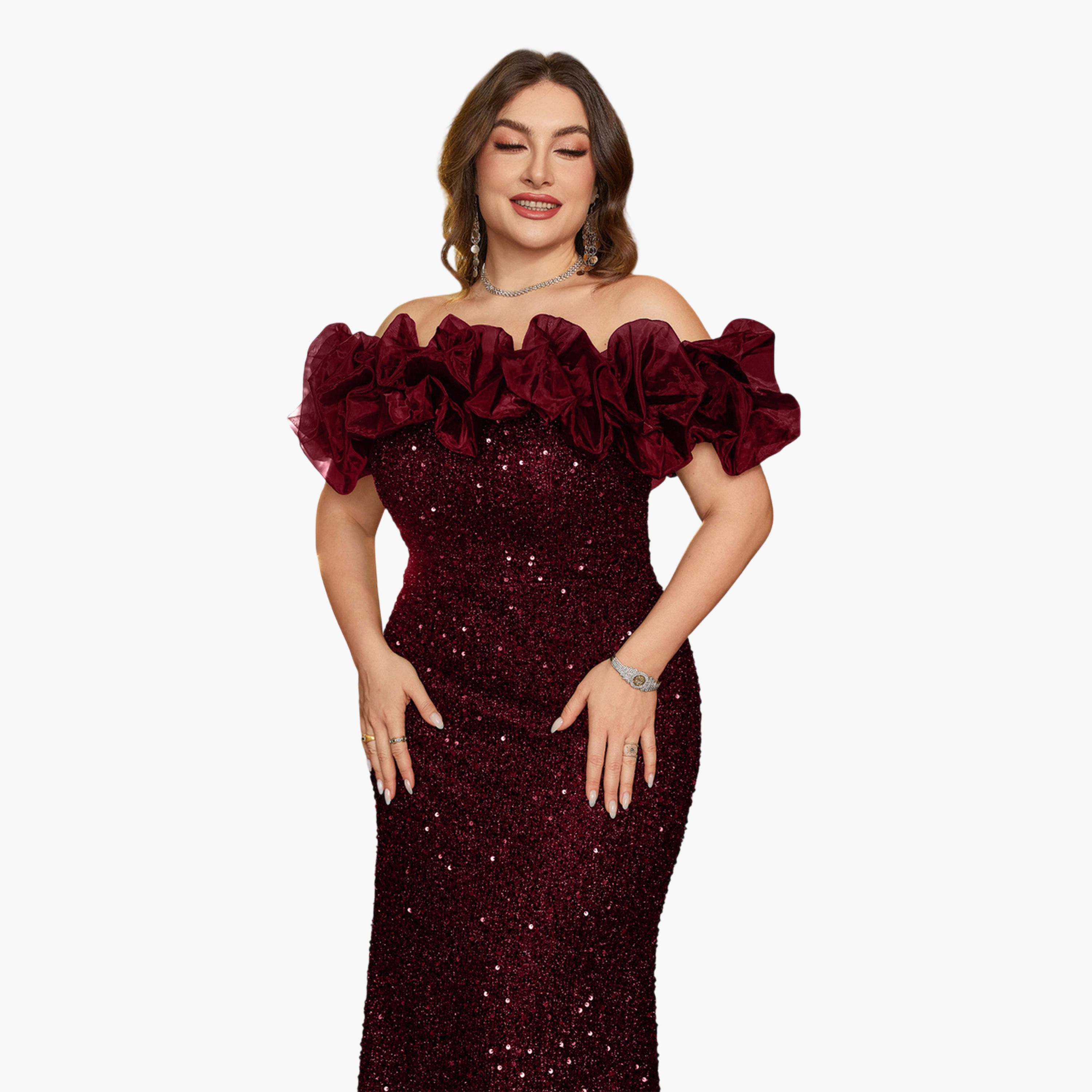 UNITHORSE X Styli Plus Size Burgundy Floral Off-Shoulder Sleeves Sequined Maxi Dress-women-clothing-dresses-image-2
