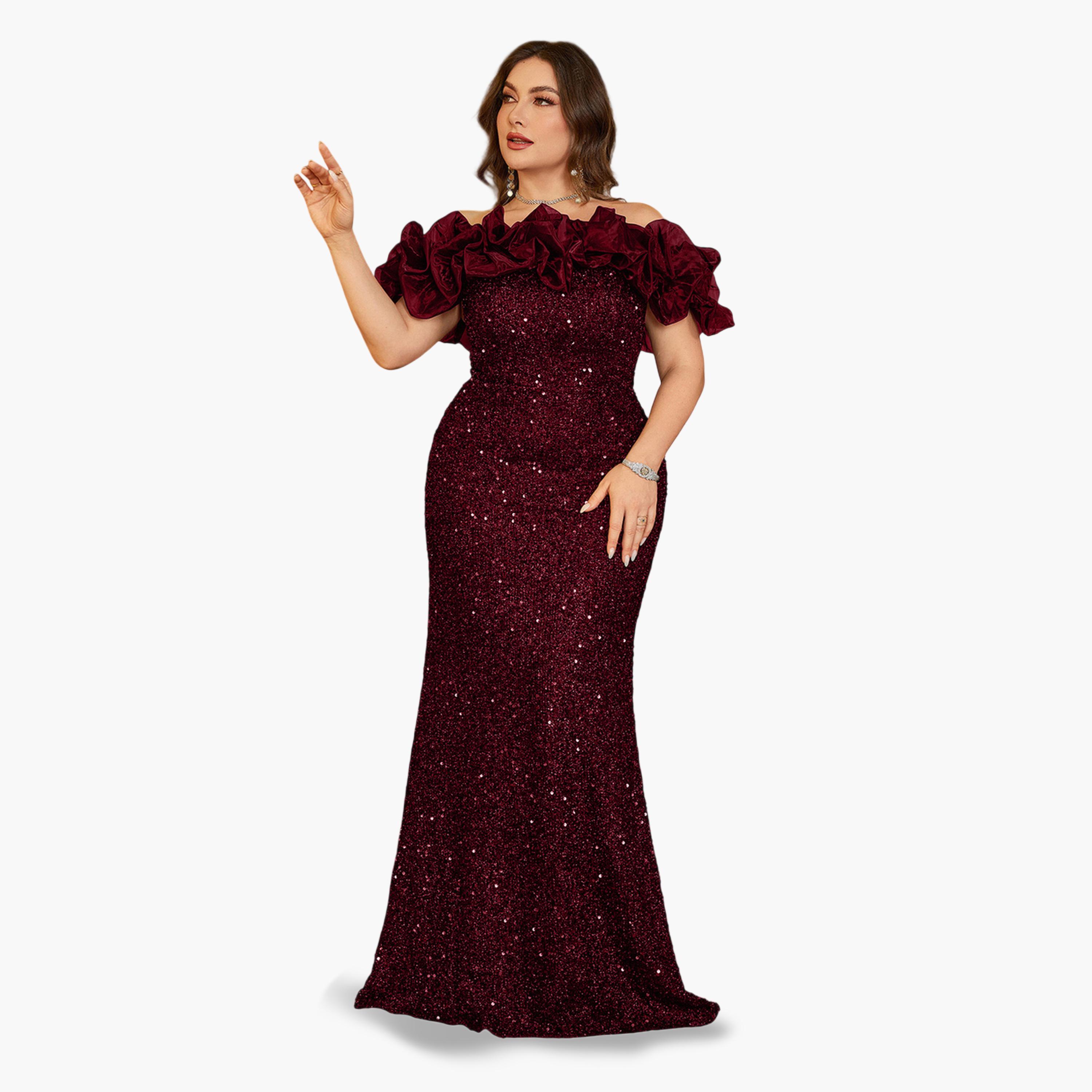 UNITHORSE X Styli Plus Size Burgundy Floral Off-Shoulder Sleeves Sequined Maxi Dress-women-clothing-dresses-image-3