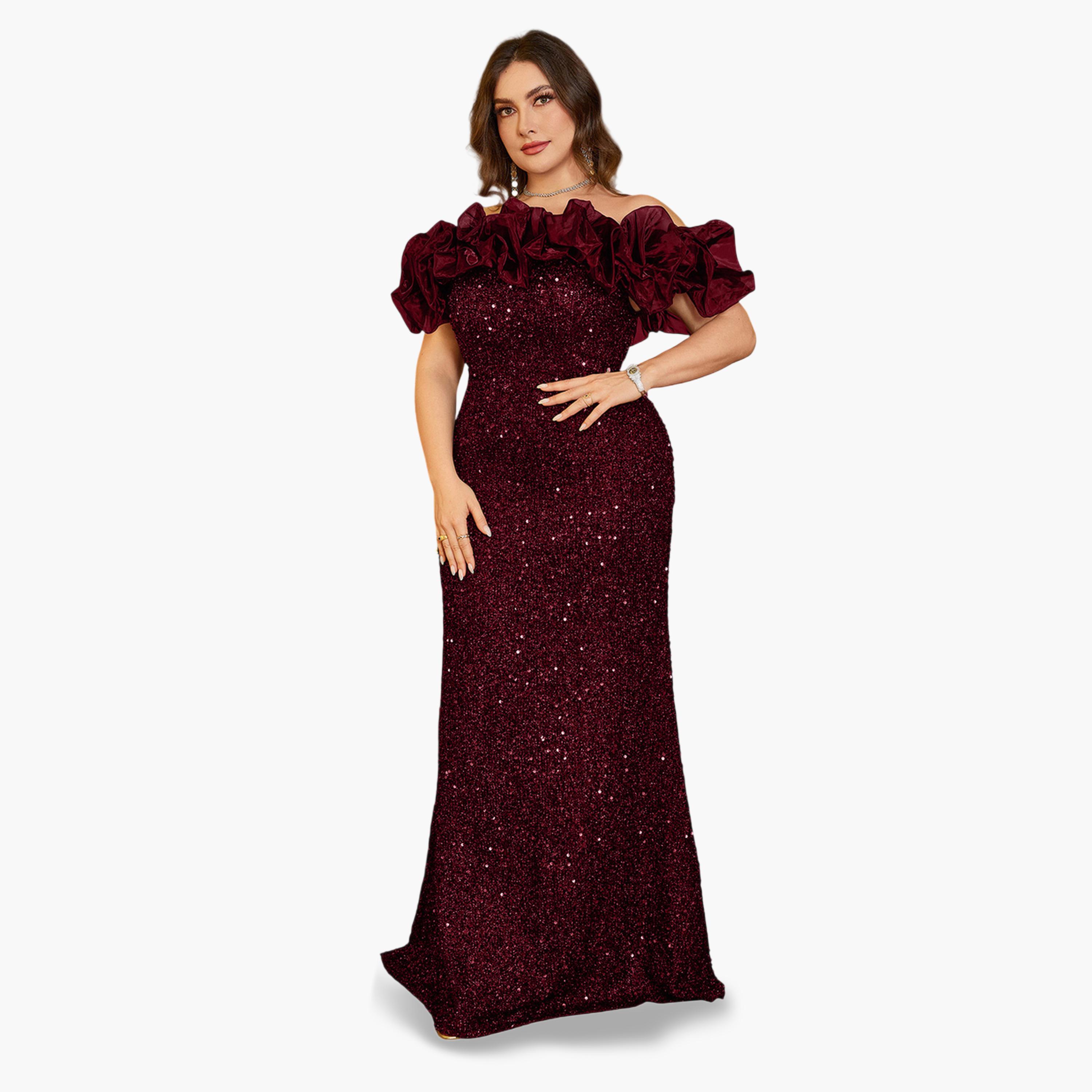 UNITHORSE X Styli Plus Size Burgundy Floral Off-Shoulder Sleeves Sequined Maxi Dress-women-clothing-dresses-image-4