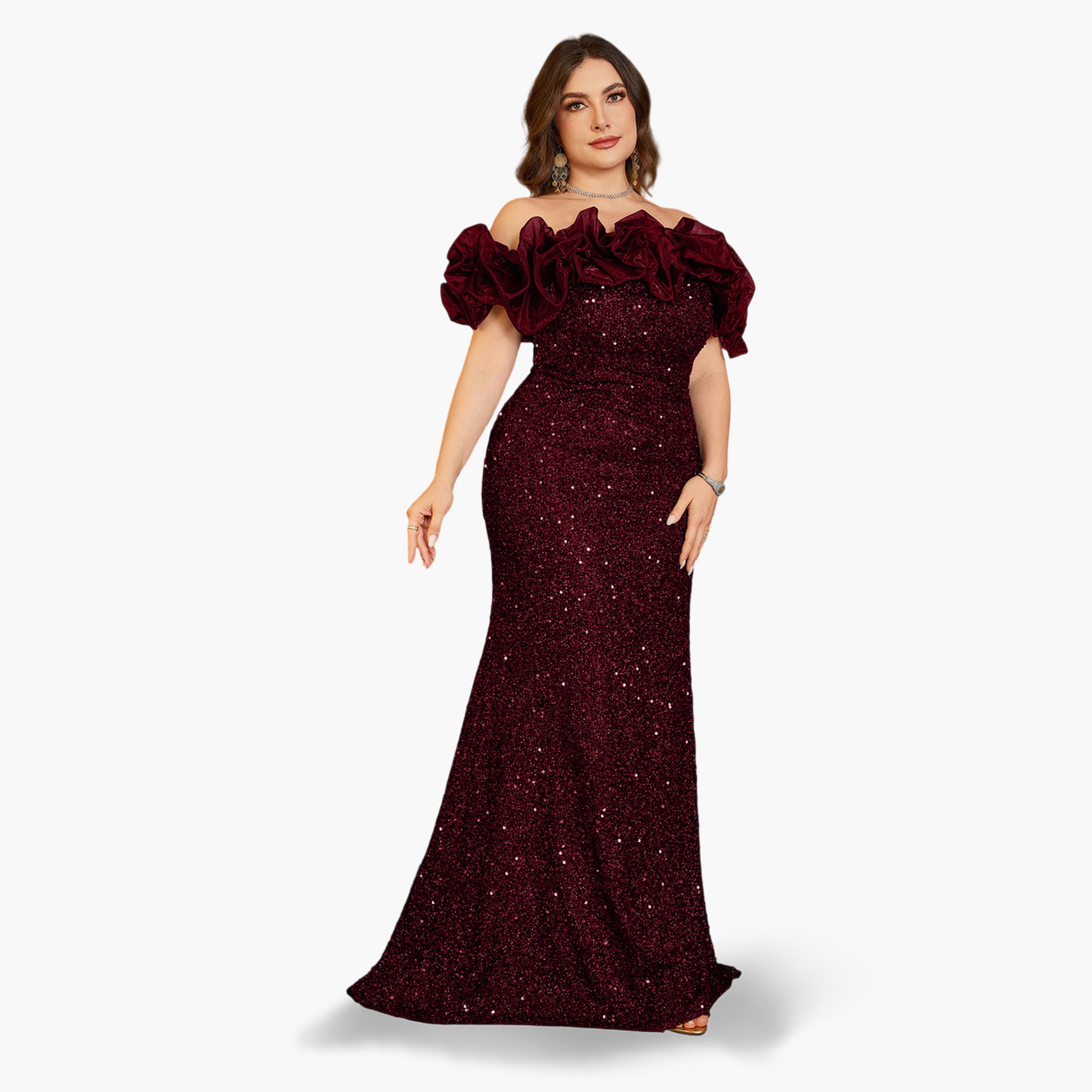 UNITHORSE X Styli Plus Size Burgundy Floral Off-Shoulder Sleeves Sequined Maxi Dress-women-clothing-dresses-image-5
