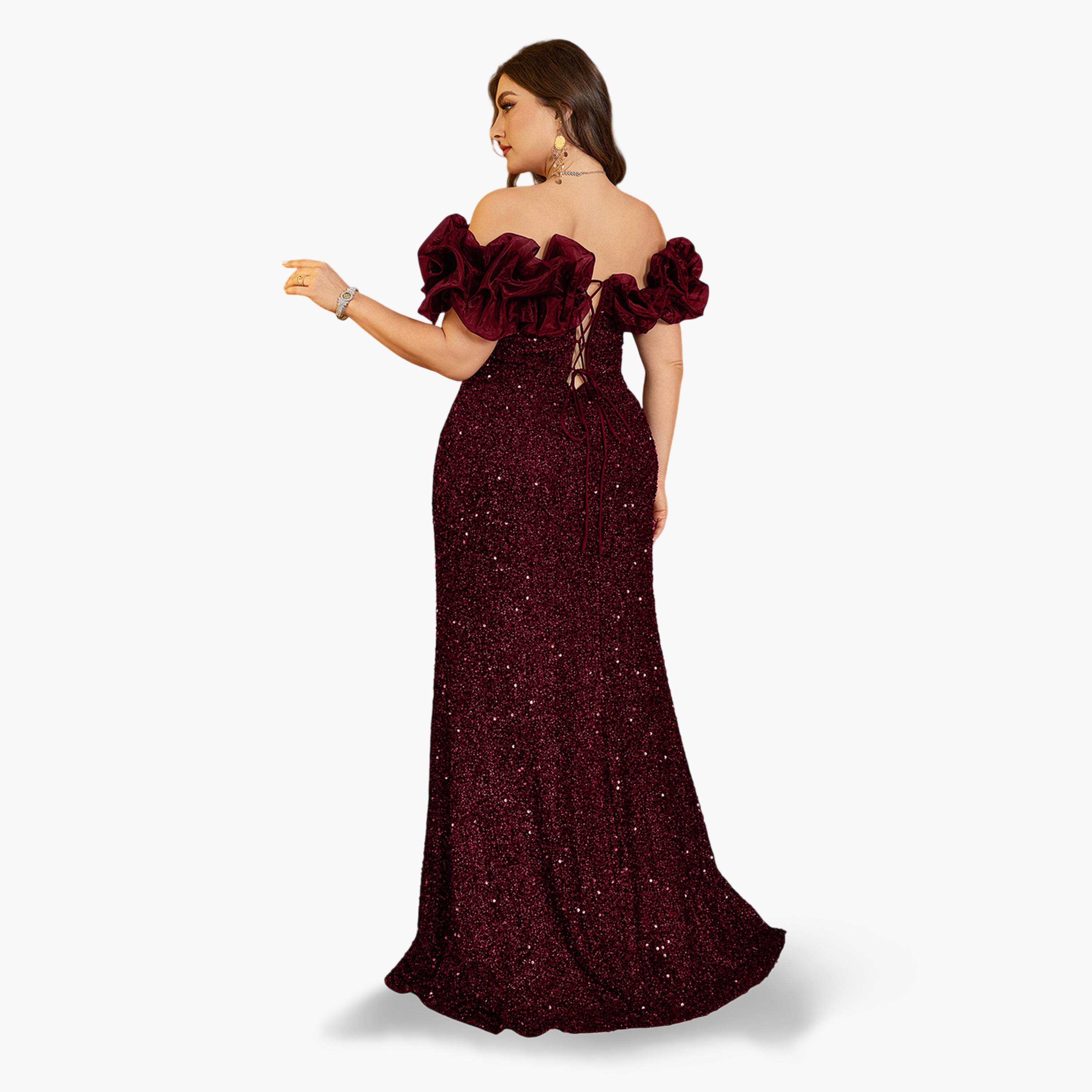 UNITHORSE X Styli Plus Size Burgundy Floral Off-Shoulder Sleeves Sequined Maxi Dress-women-clothing-dresses-image-6