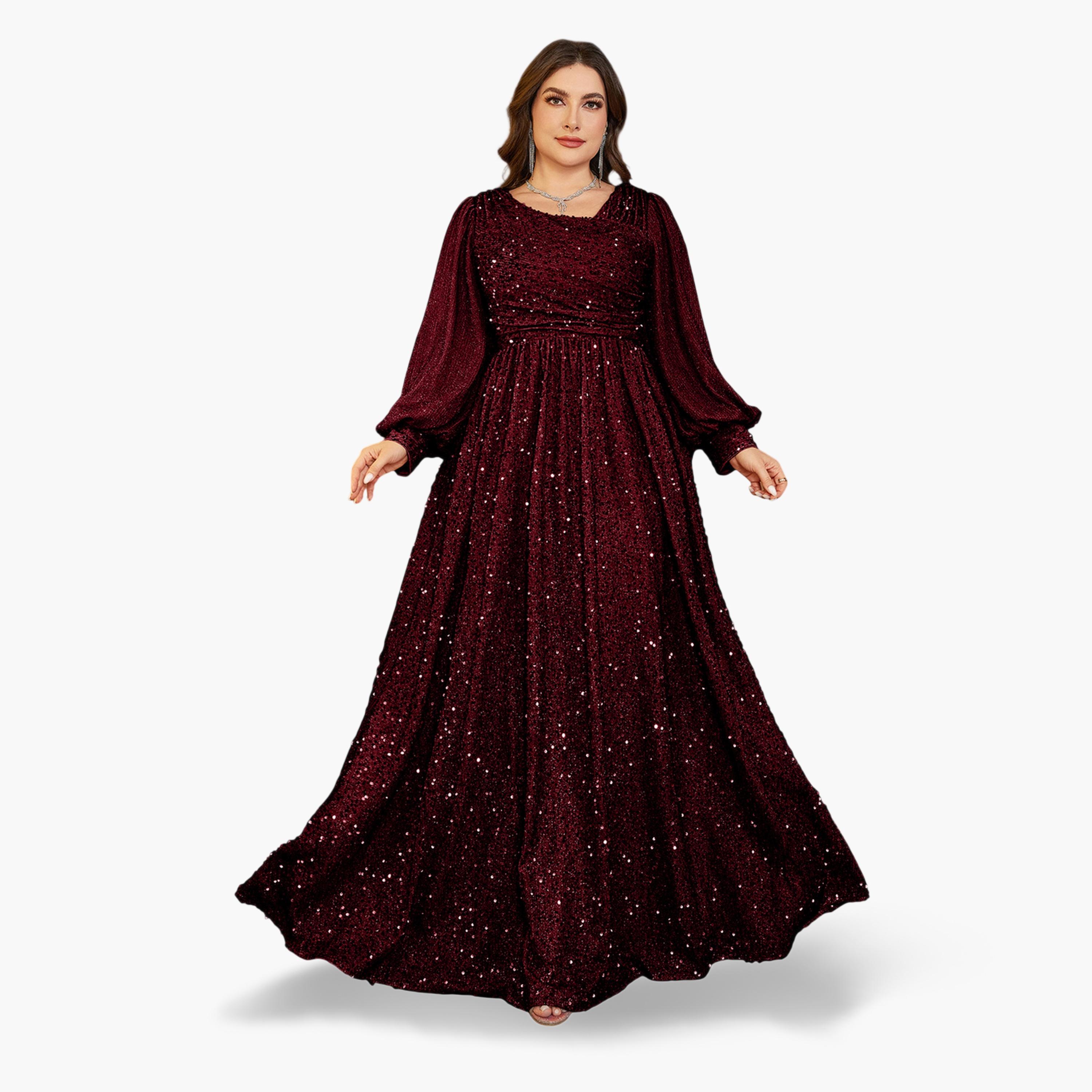 فستان طويل بحافة واسعة ومقاس كبير منمق بالترتر-women-clothing-dresses-image-1