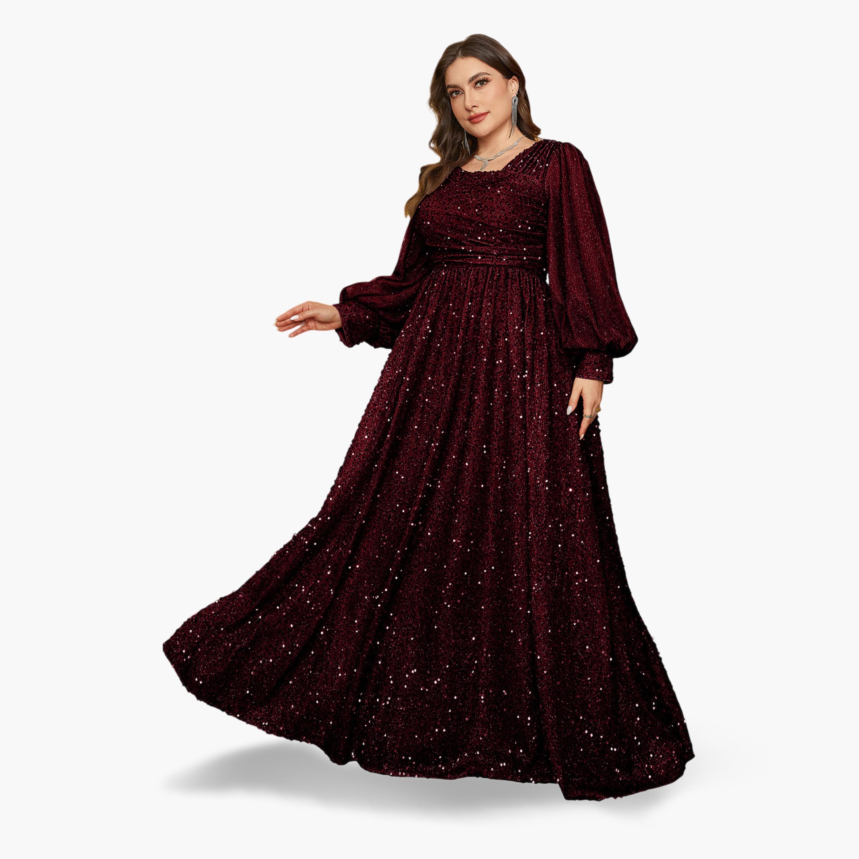 فستان طويل بحافة واسعة ومقاس كبير منمق بالترتر-women-clothing-dresses-image-2