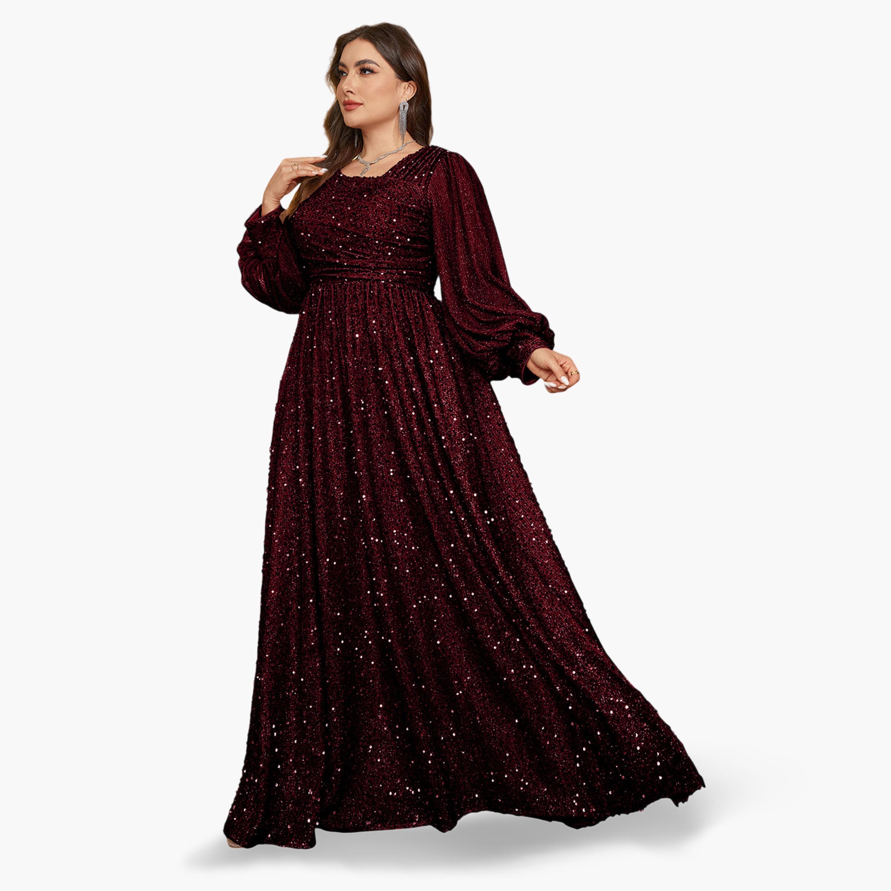 فستان طويل بحافة واسعة ومقاس كبير منمق بالترتر-women-clothing-dresses-image-3