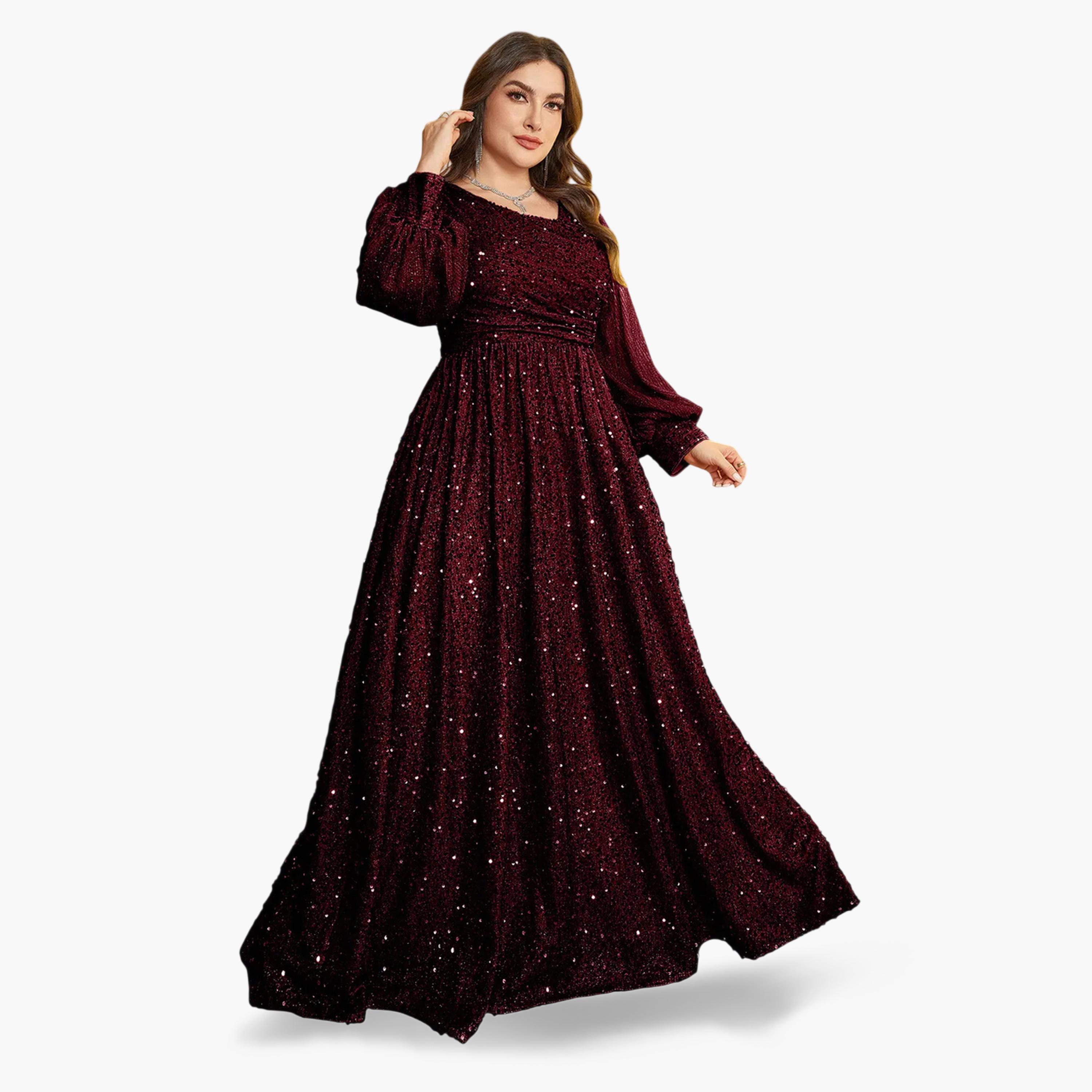 فستان طويل بحافة واسعة ومقاس كبير منمق بالترتر-women-clothing-dresses-image-4
