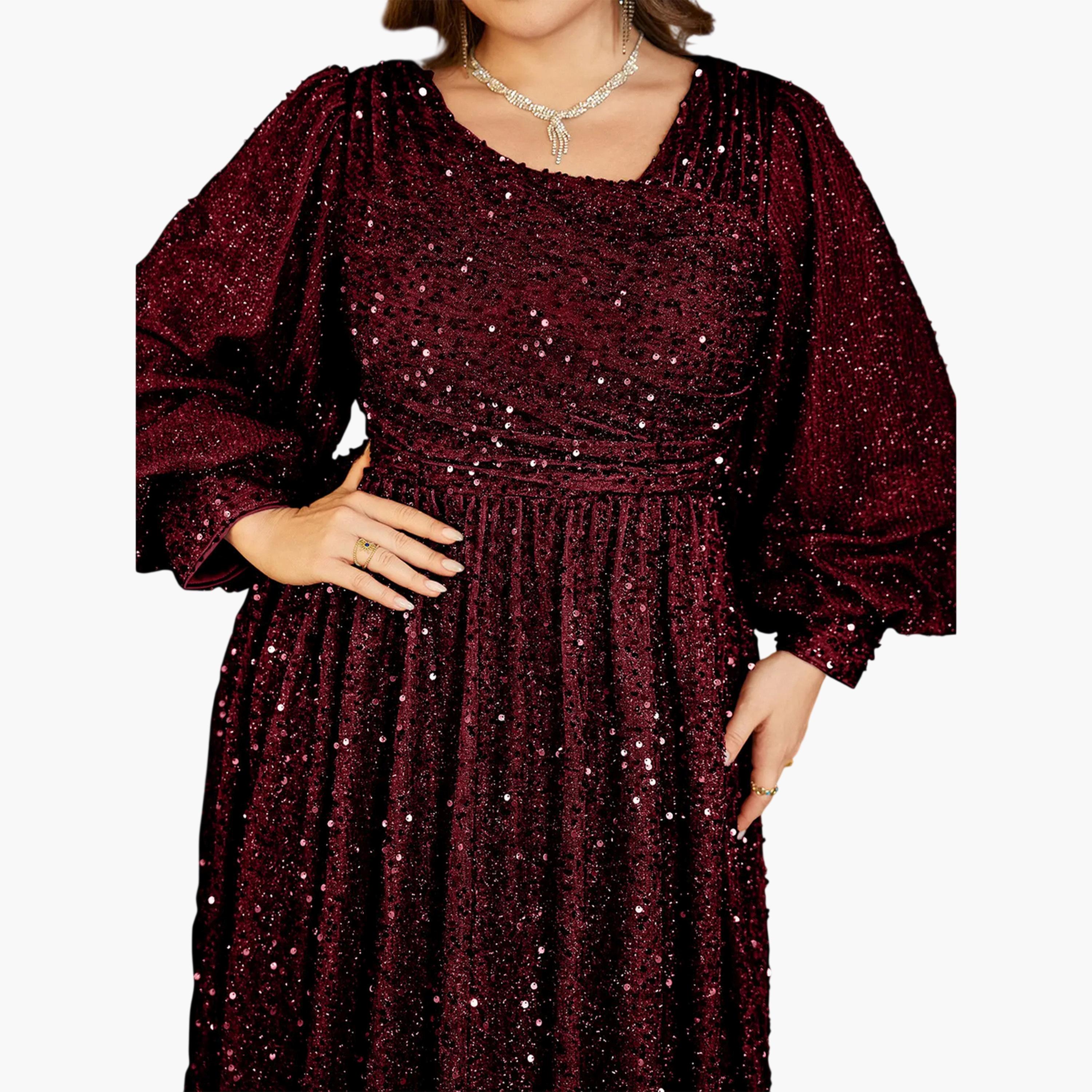 فستان طويل بحافة واسعة ومقاس كبير منمق بالترتر-women-clothing-dresses-image-5