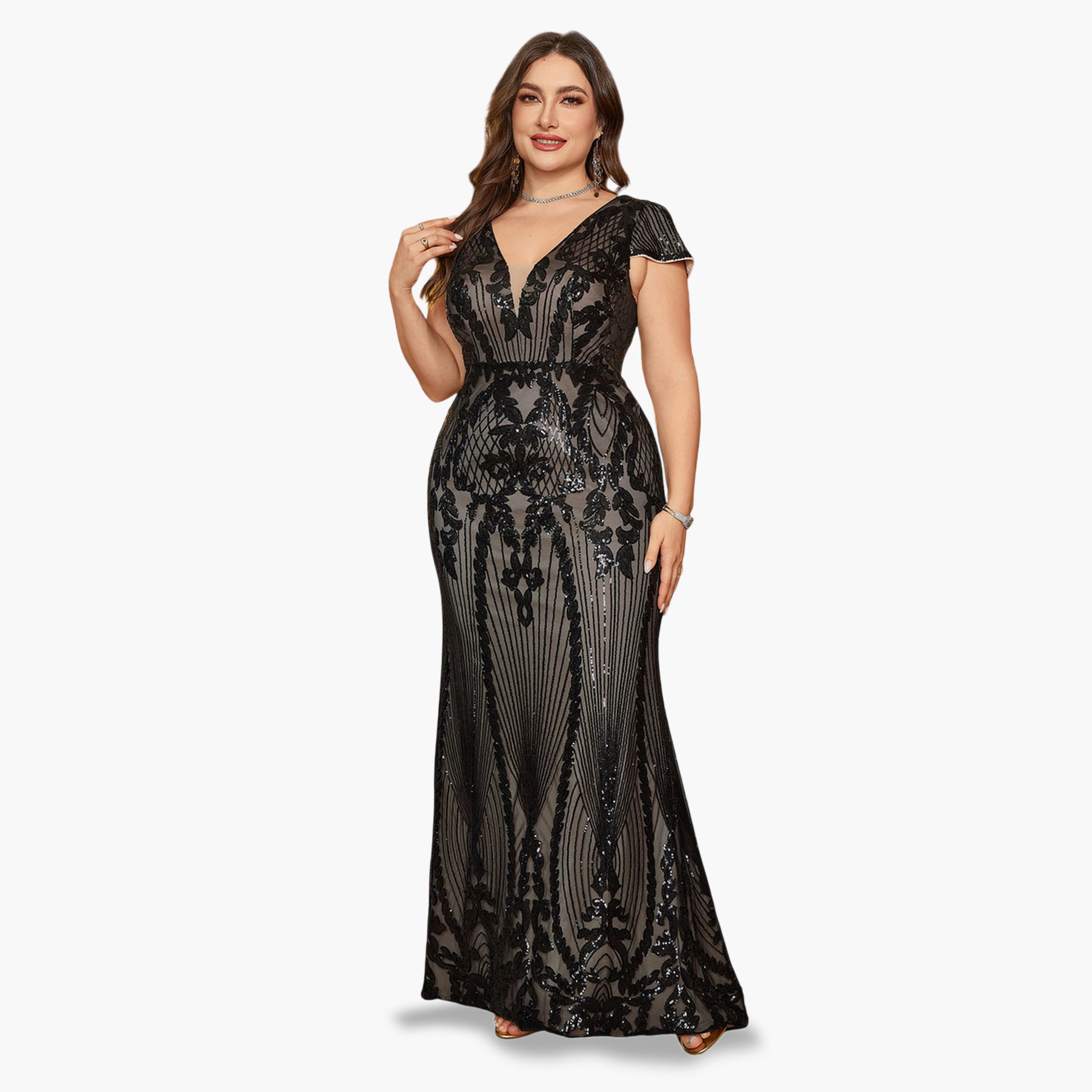 V فستان منمق بالترتر بمقاس كبير وياقة-women-clothing-dresses-image-1