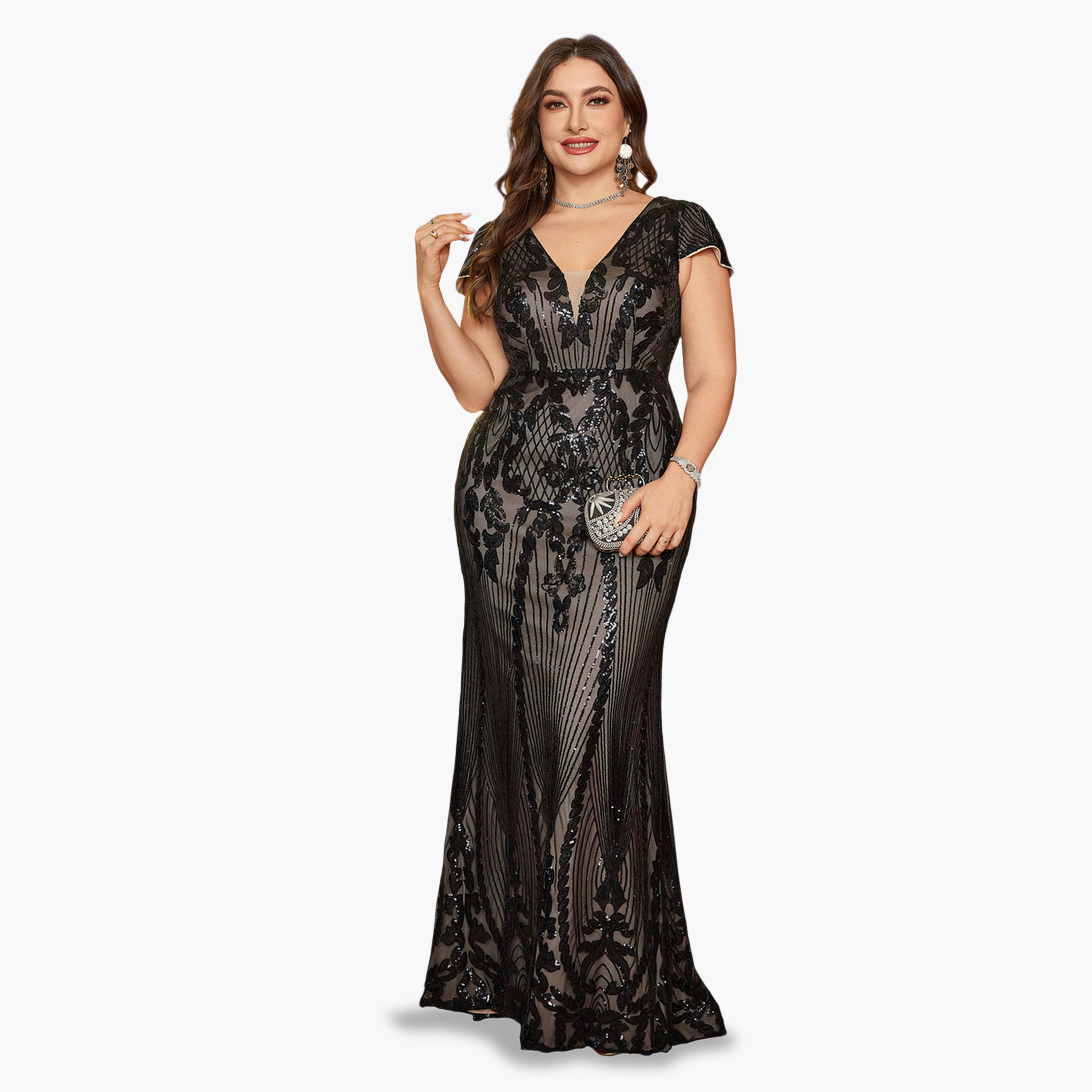 V فستان منمق بالترتر بمقاس كبير وياقة-women-clothing-dresses-image-2