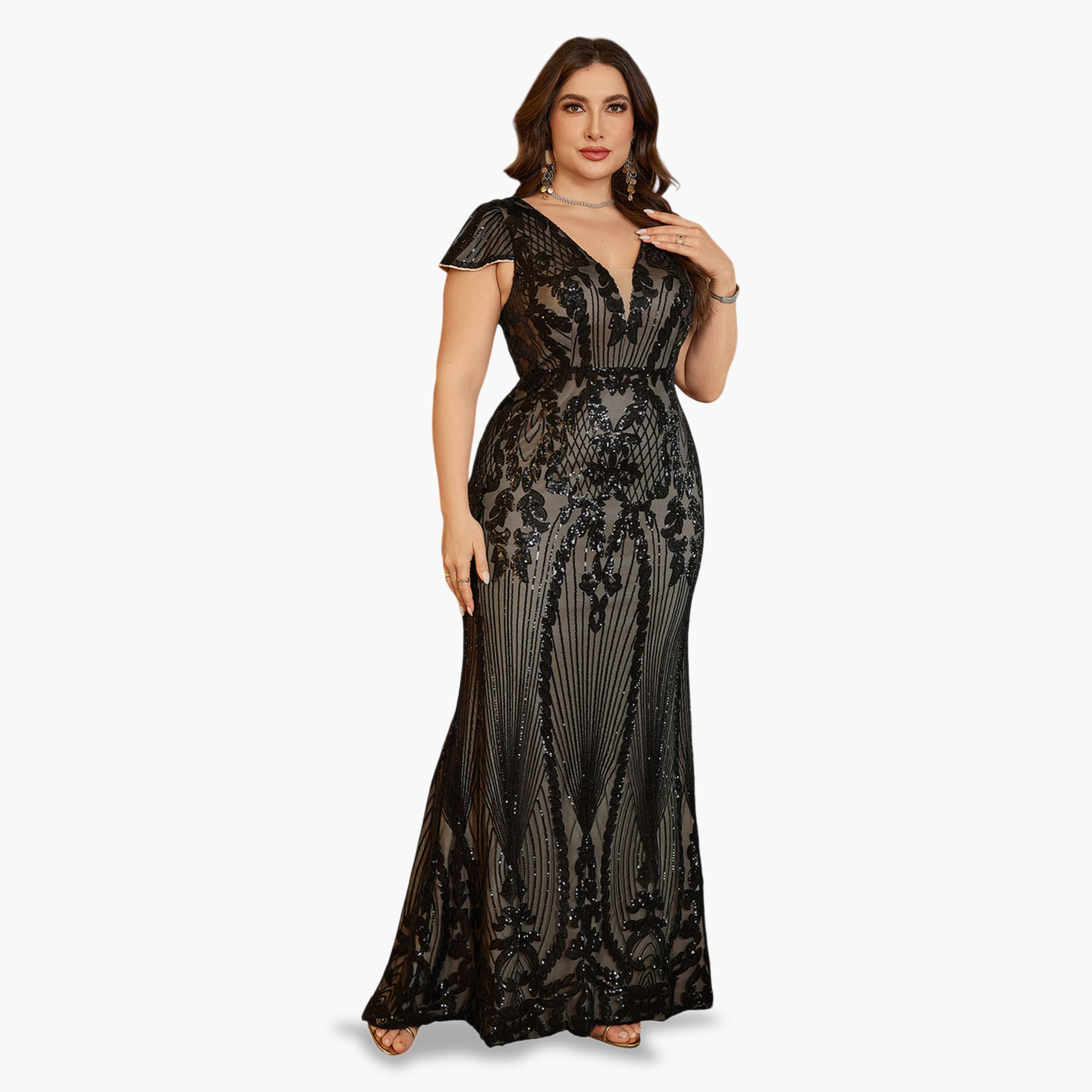 V فستان منمق بالترتر بمقاس كبير وياقة-women-clothing-dresses-image-3