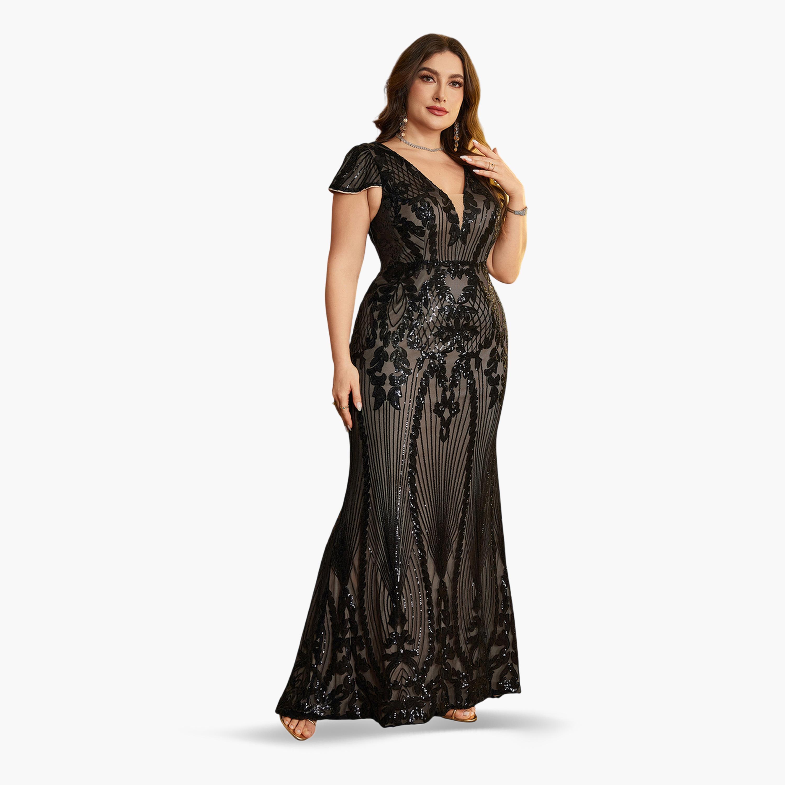 V فستان منمق بالترتر بمقاس كبير وياقة-women-clothing-dresses-image-4