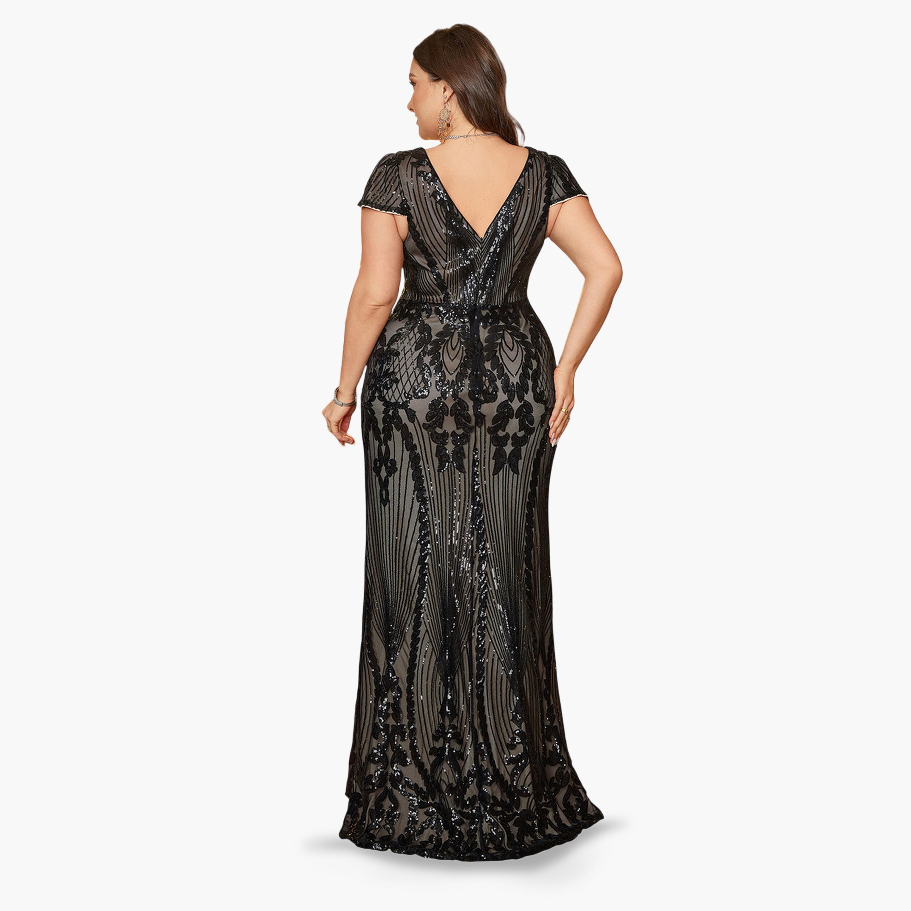 V فستان منمق بالترتر بمقاس كبير وياقة-women-clothing-dresses-image-5