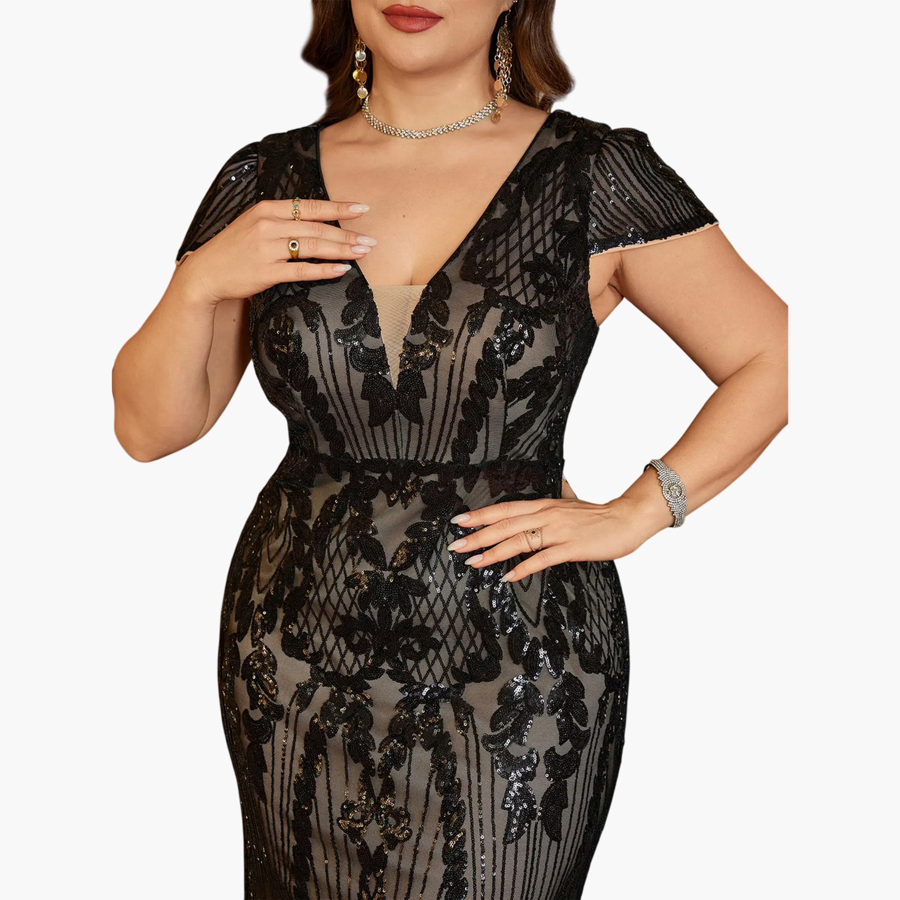 V فستان منمق بالترتر بمقاس كبير وياقة-women-clothing-dresses-image-6