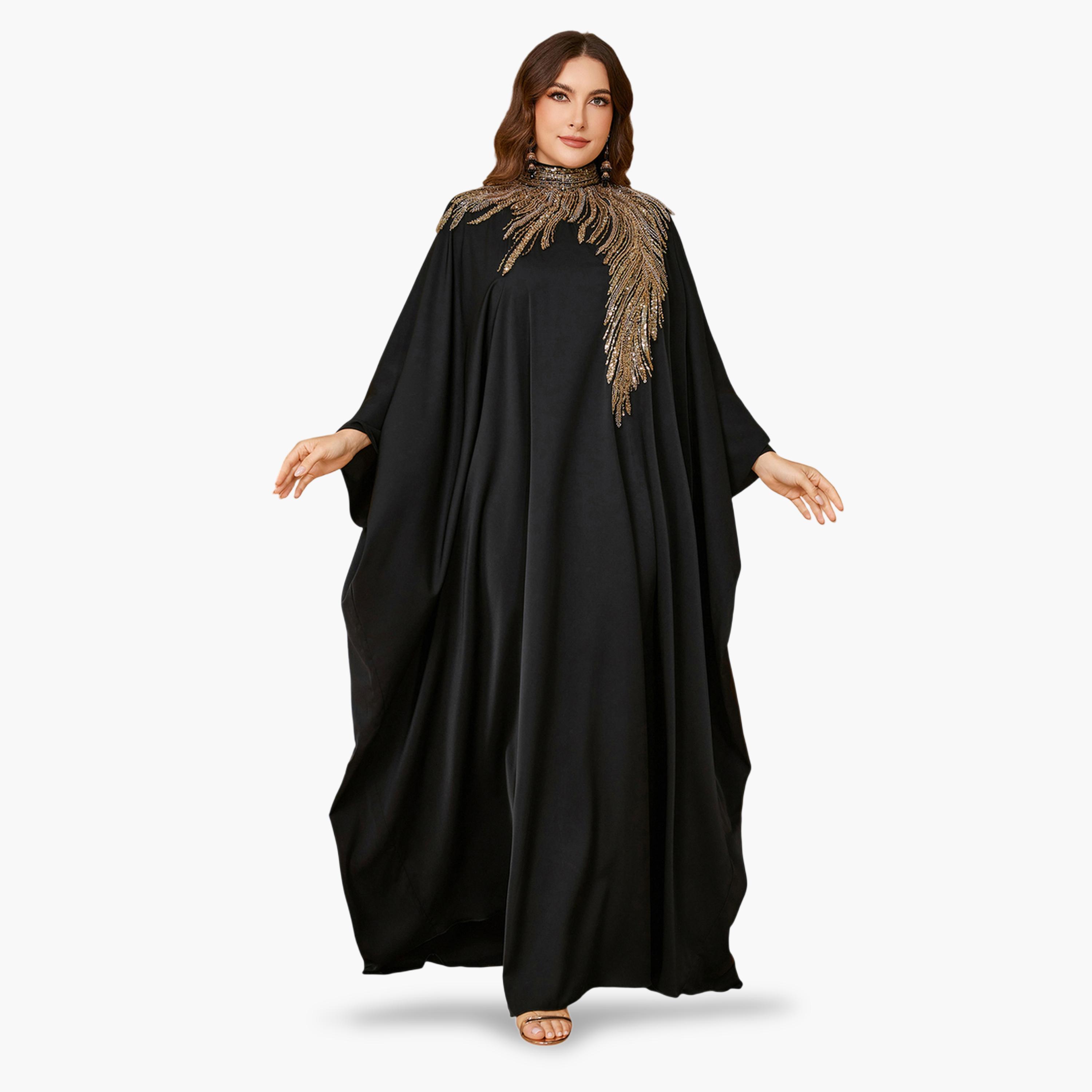 قفطان طويل بمقاس كبير بياقة عالية وقصة قصة صدر منمقة بالترتر-women-arabicclothing-kaftan-image-1