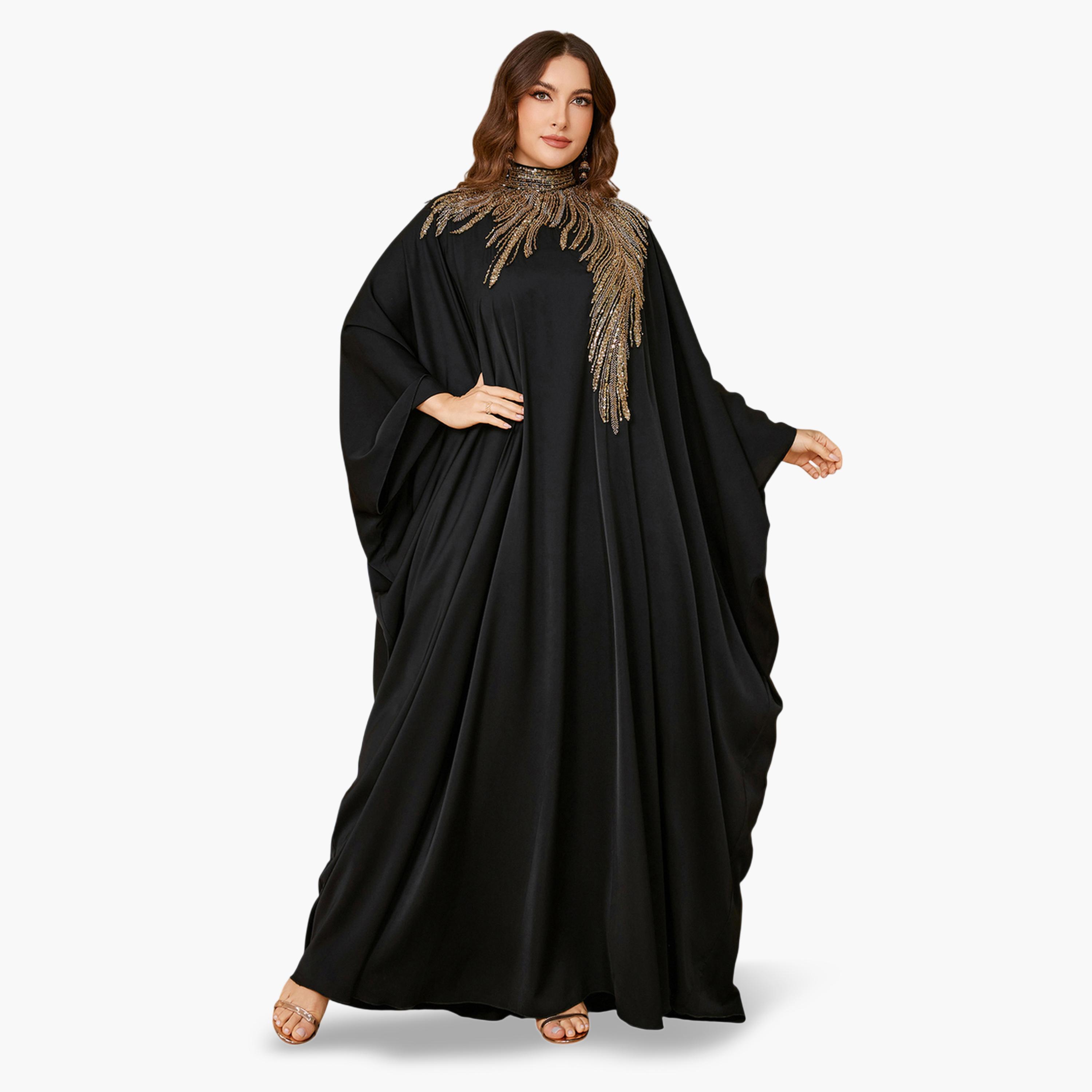 قفطان طويل بمقاس كبير بياقة عالية وقصة قصة صدر منمقة بالترتر-women-arabicclothing-kaftan-image-2