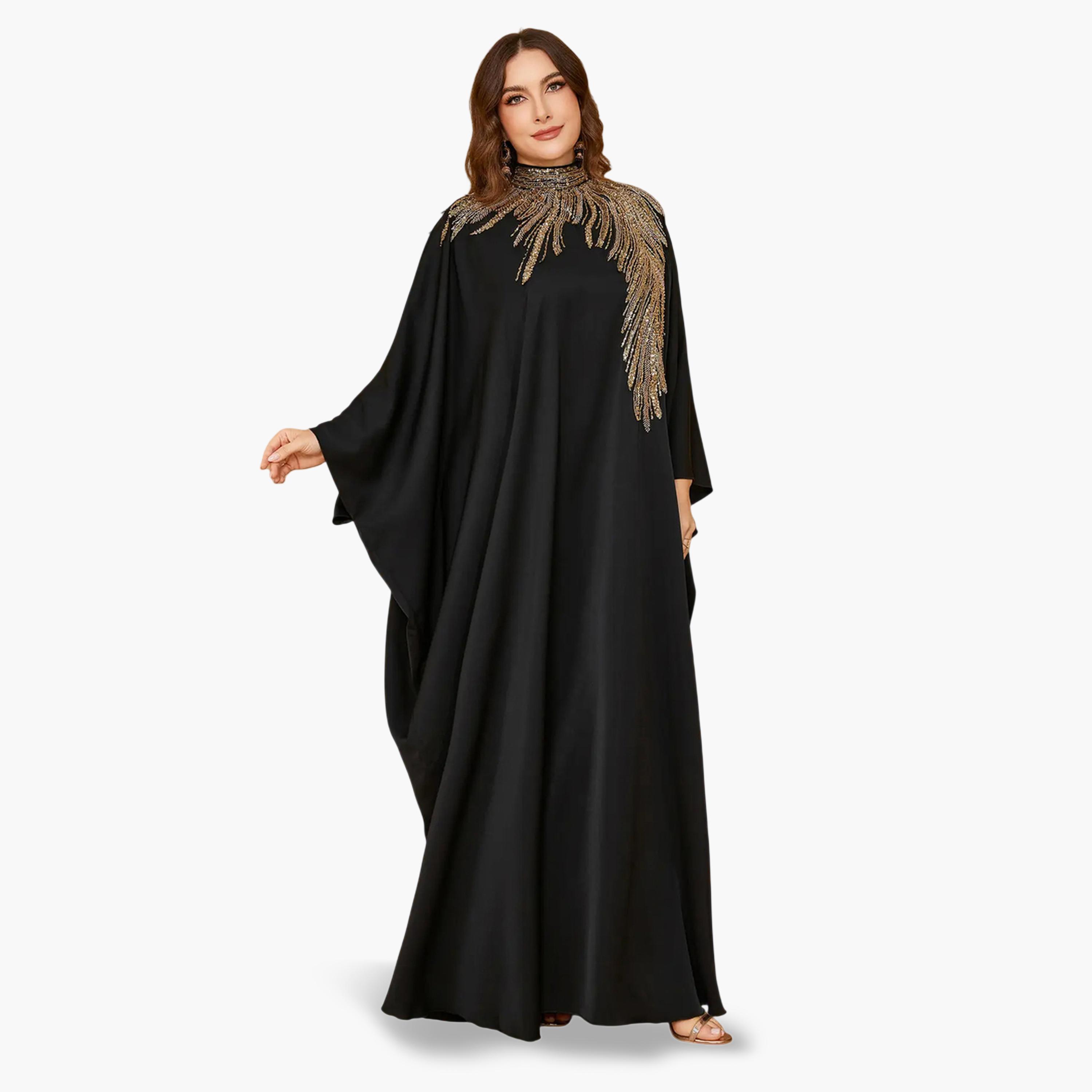 قفطان طويل بمقاس كبير بياقة عالية وقصة قصة صدر منمقة بالترتر-women-arabicclothing-kaftan-image-3
