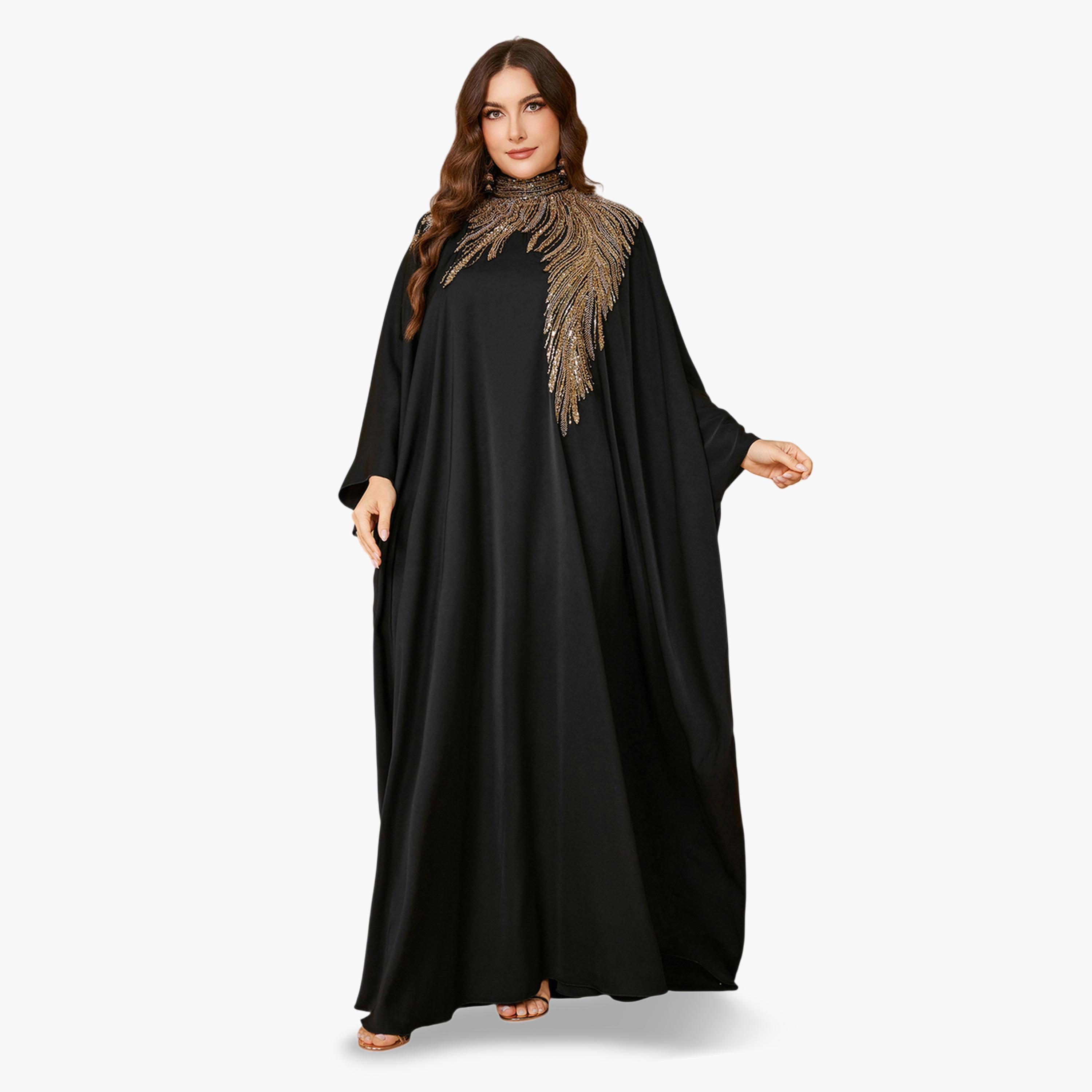 قفطان طويل بمقاس كبير بياقة عالية وقصة قصة صدر منمقة بالترتر-women-arabicclothing-kaftan-image-4