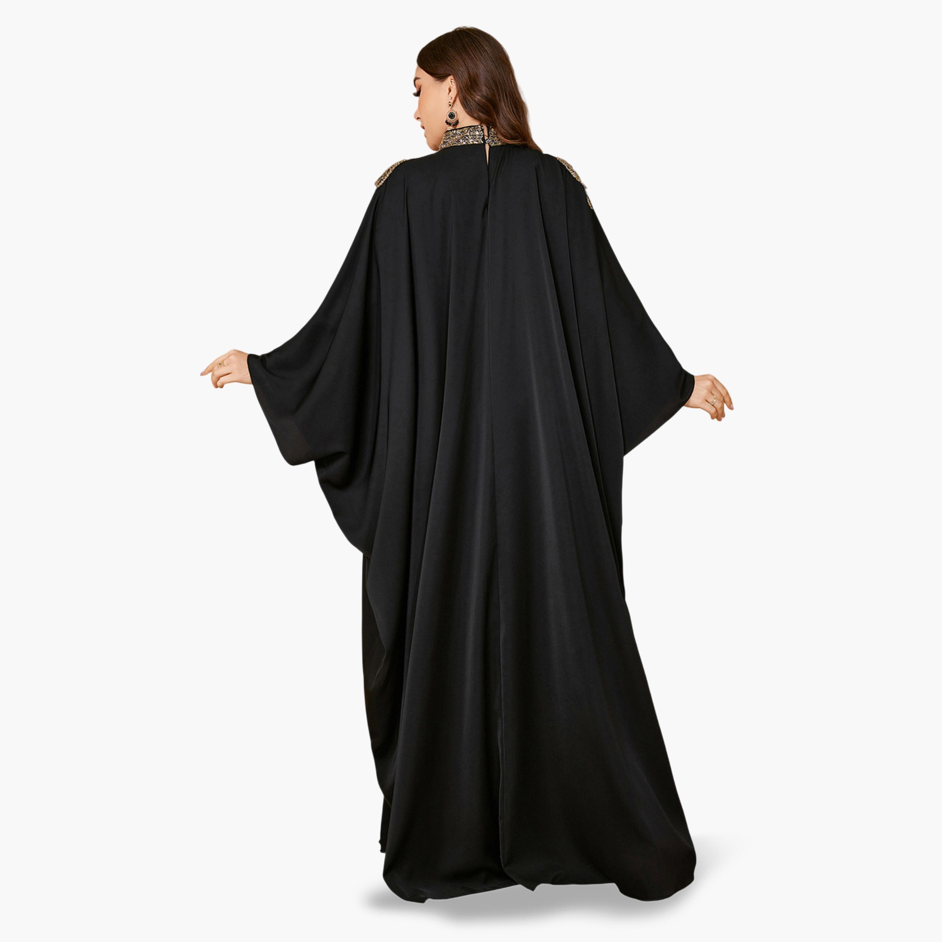 قفطان طويل بمقاس كبير بياقة عالية وقصة قصة صدر منمقة بالترتر-women-arabicclothing-kaftan-image-5