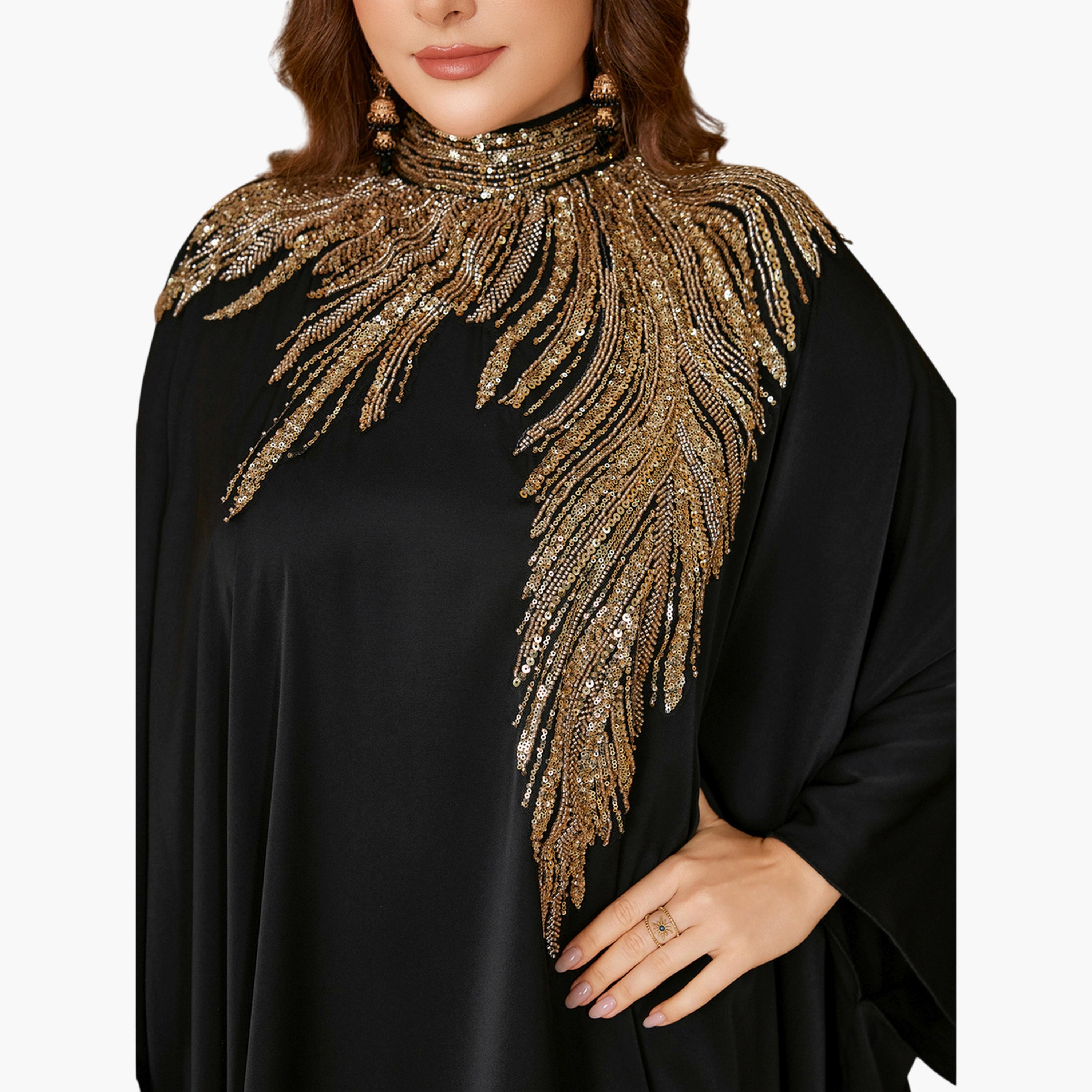 قفطان طويل بمقاس كبير بياقة عالية وقصة قصة صدر منمقة بالترتر-women-arabicclothing-kaftan-image-6