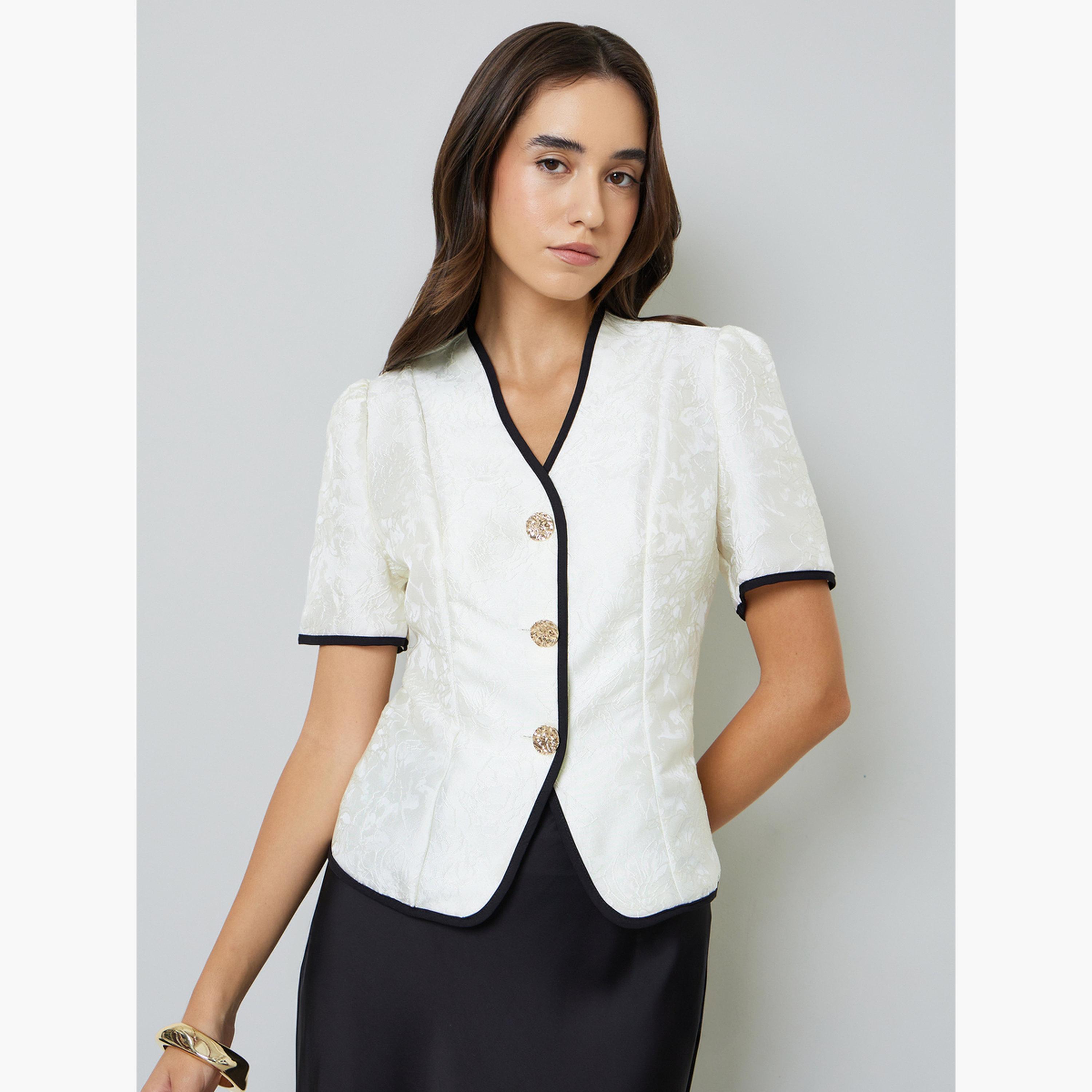 بلوزة بأكمام قصيرة وحواف سوداء بيج-women-clothing-shirtsandblouses-blouses-image-1