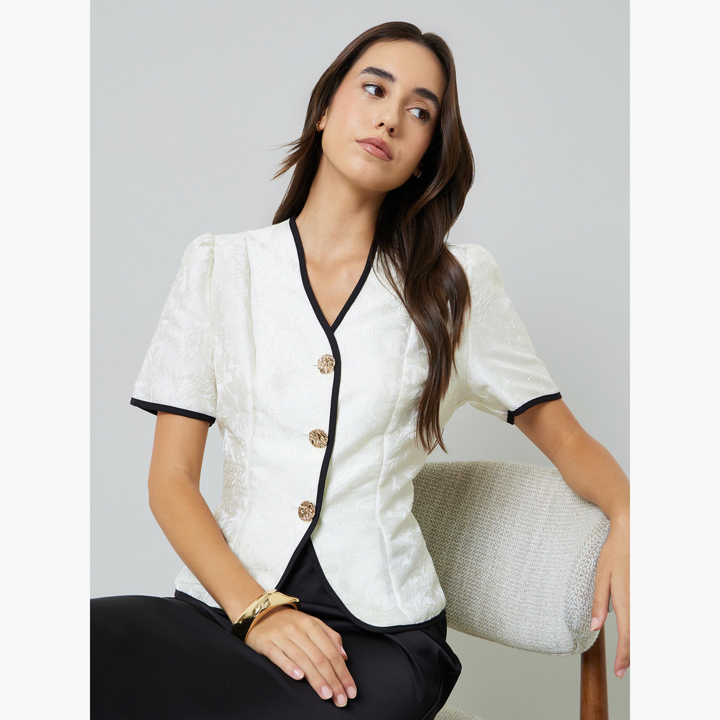 بلوزة بأكمام قصيرة وحواف سوداء بيج-women-clothing-shirtsandblouses-blouses-image-4