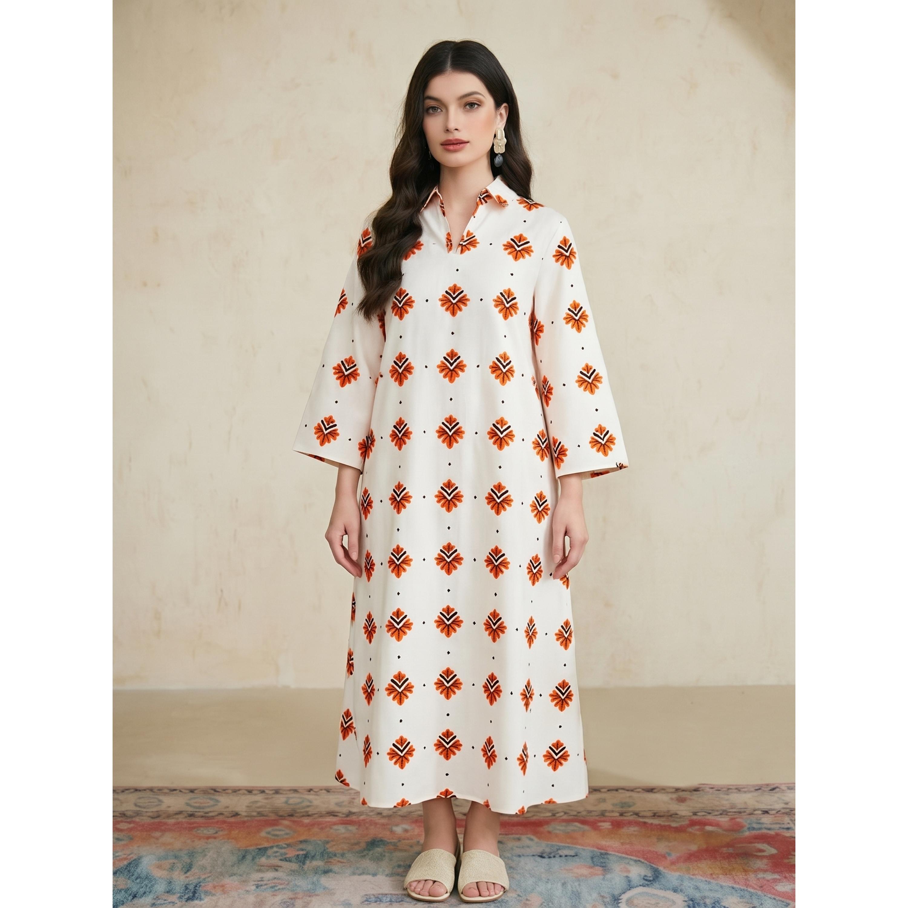 Take Two White Graphic Print Long Sleeves Kaftan Dress-women-arabicclothing-kaftan-image-1