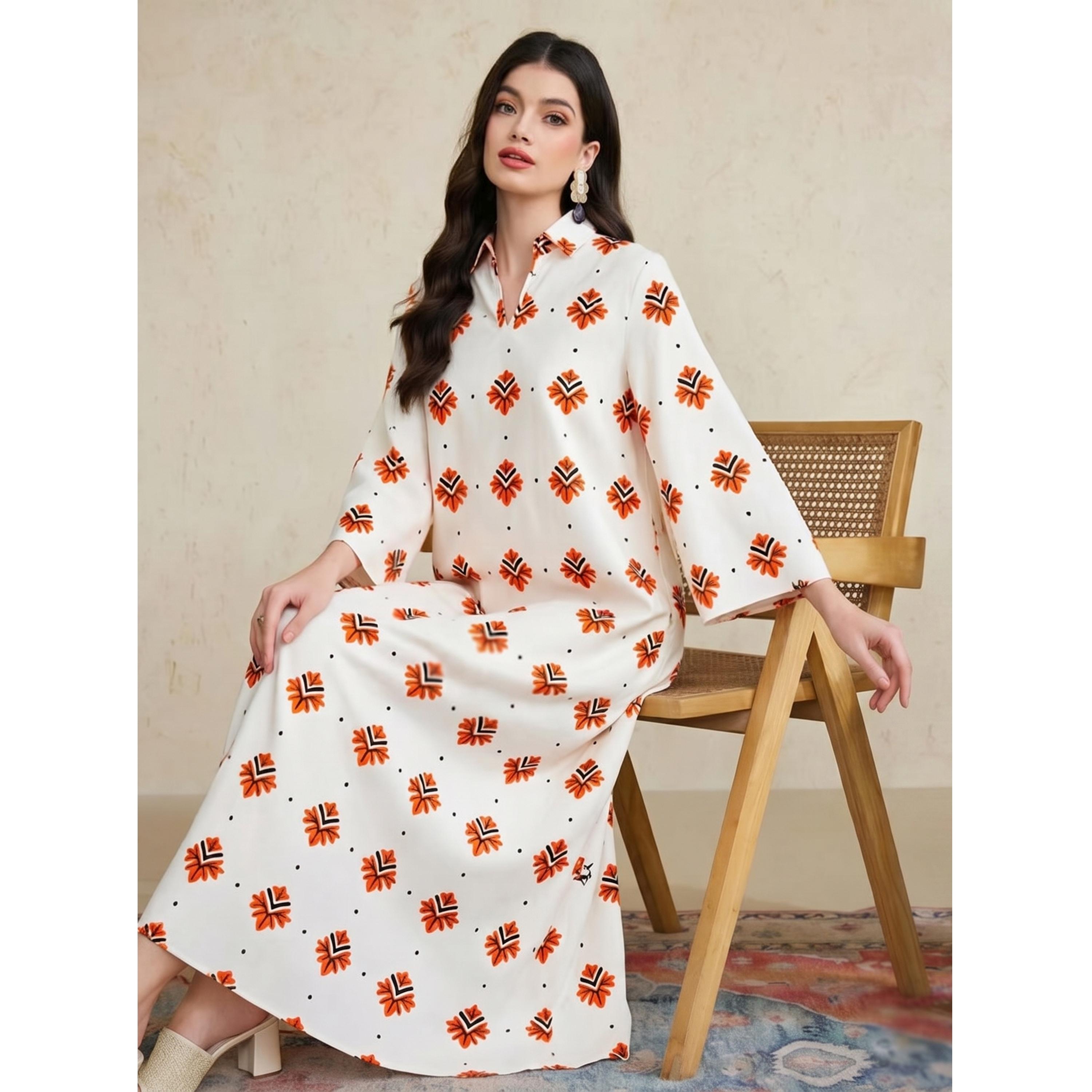 Take Two White Graphic Print Long Sleeves Kaftan Dress-women-arabicclothing-kaftan-image-2