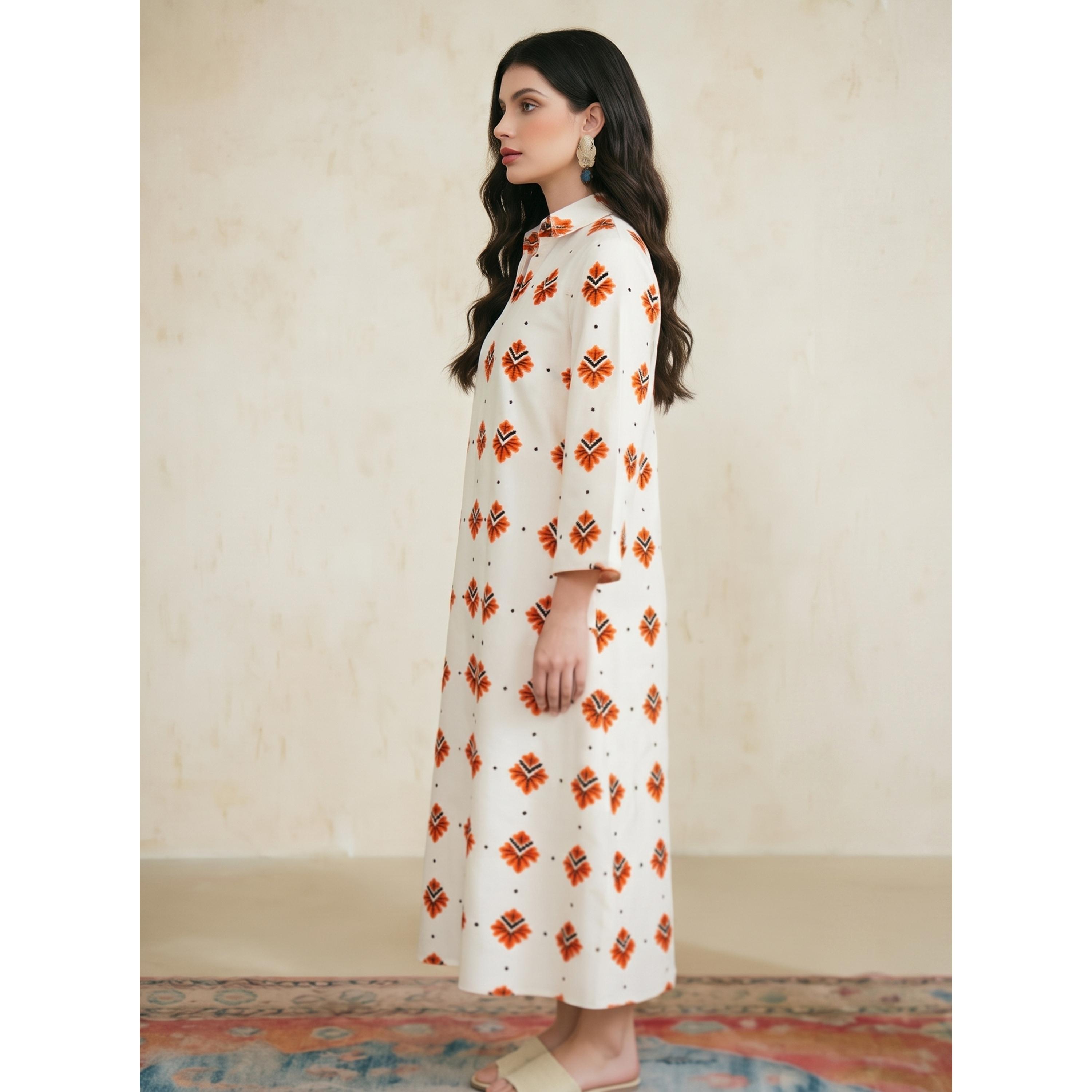 Take Two White Graphic Print Long Sleeves Kaftan Dress-women-arabicclothing-kaftan-image-3