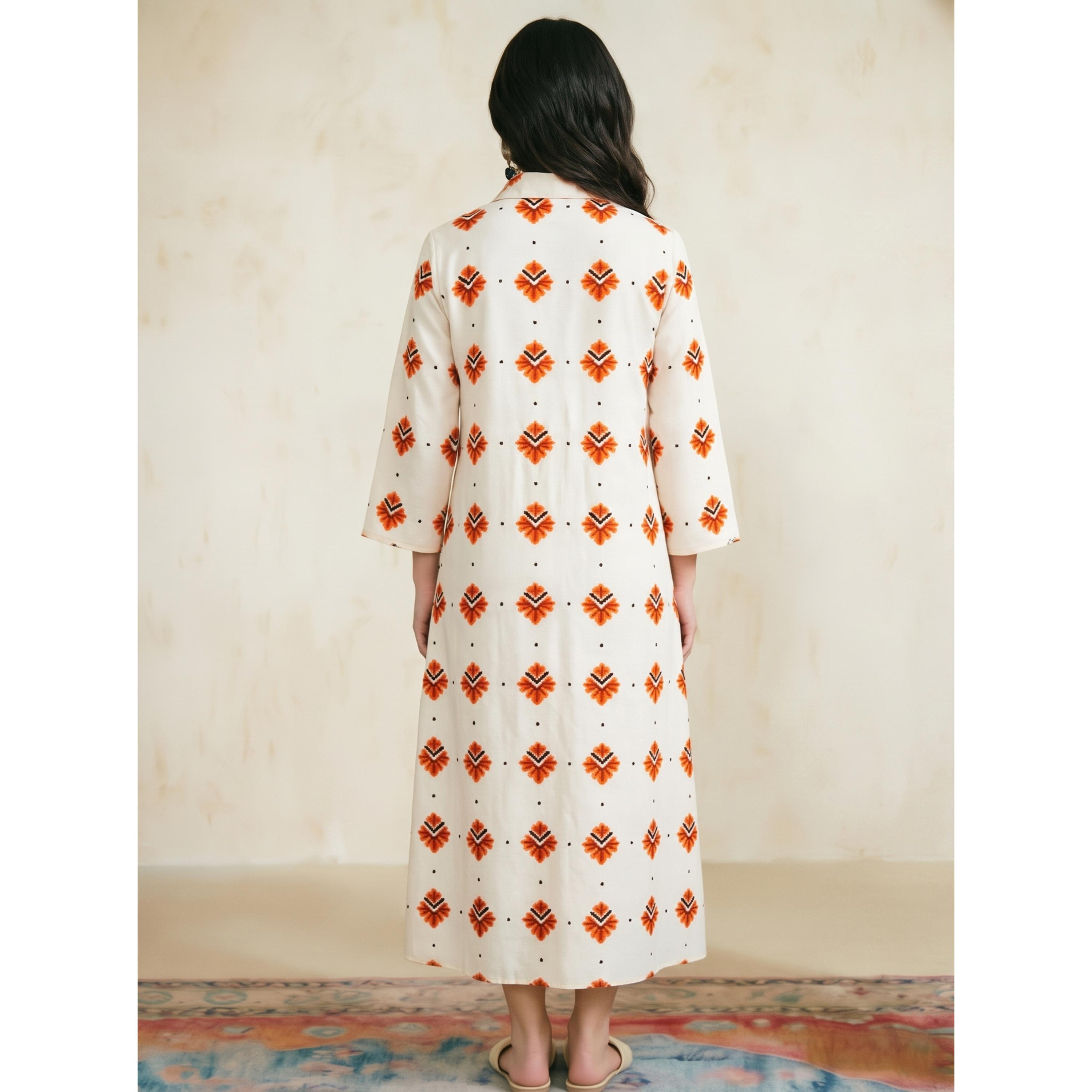Take Two White Graphic Print Long Sleeves Kaftan Dress-women-arabicclothing-kaftan-image-4