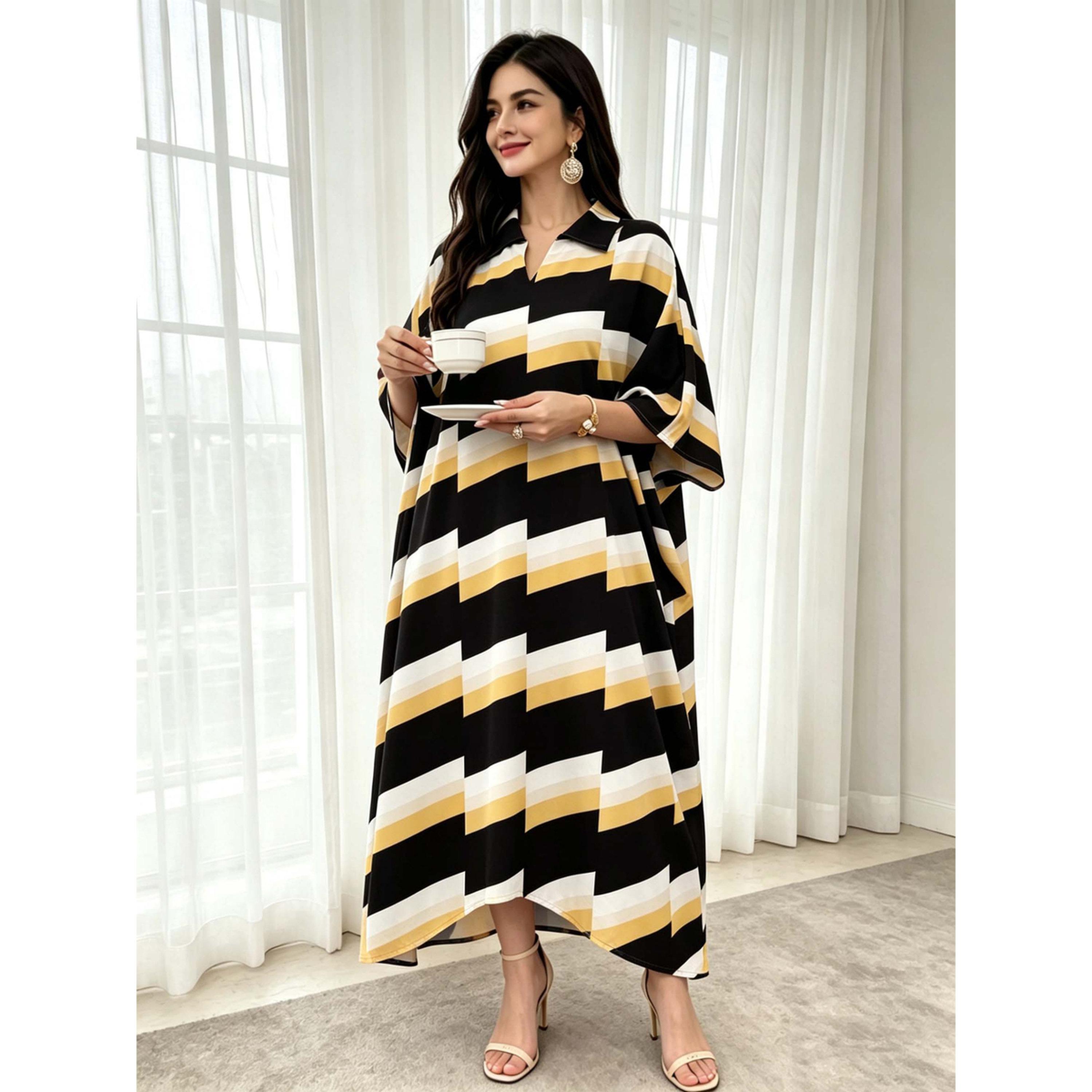 Take Two Multi-Color Geometric Print Collared Neckline Kaftan-women-arabicclothing-kaftan-image-1