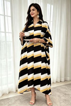 قفطان بياقة مطبع بطبعة هندسية-women-arabicclothing-kaftan-image-1
