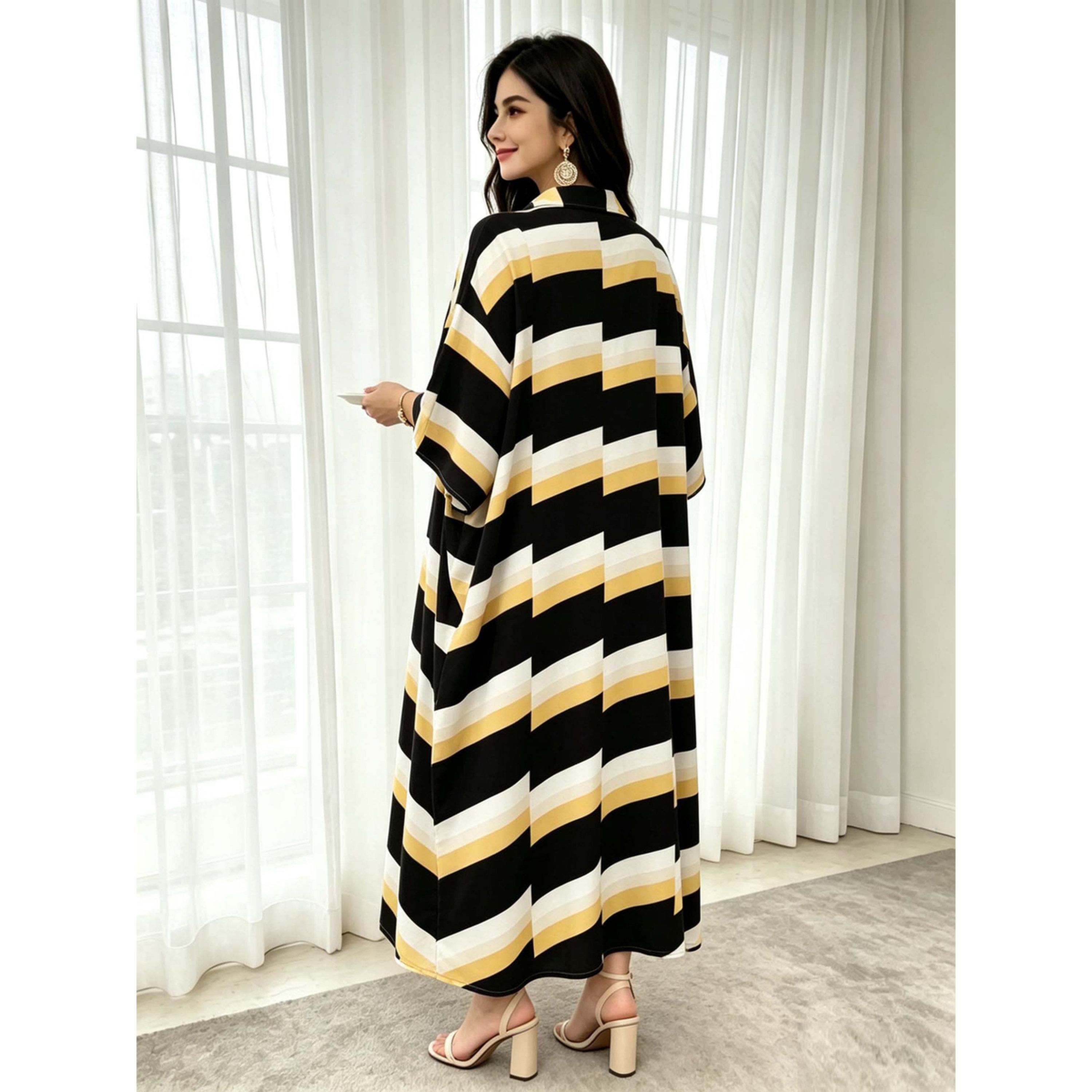 Take Two Multi-Color Geometric Print Collared Neckline Kaftan-women-arabicclothing-kaftan-image-4