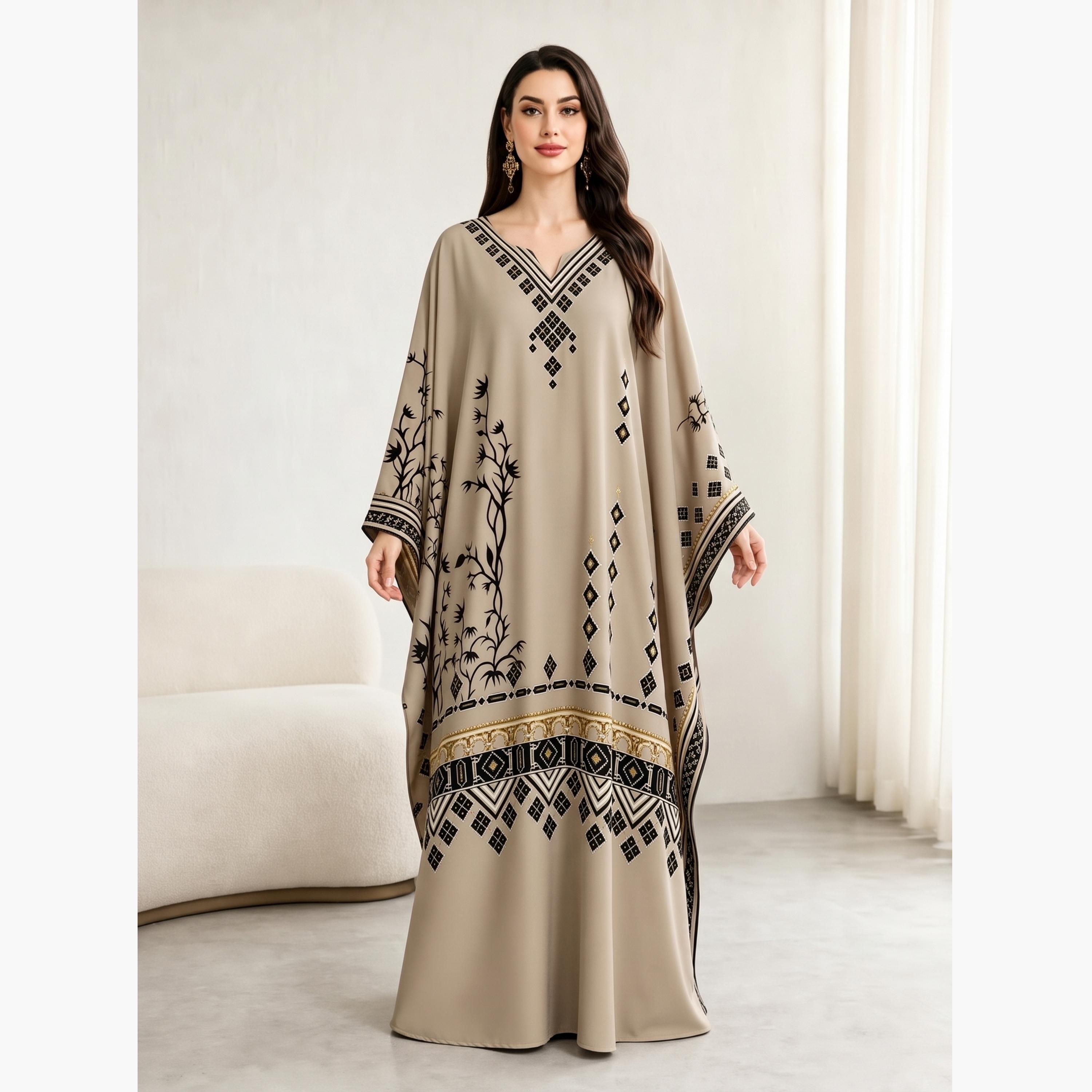 Take Two Brown Graphic Print Batwing Sleeves Kaftan-women-arabicclothing-kaftan-image-1