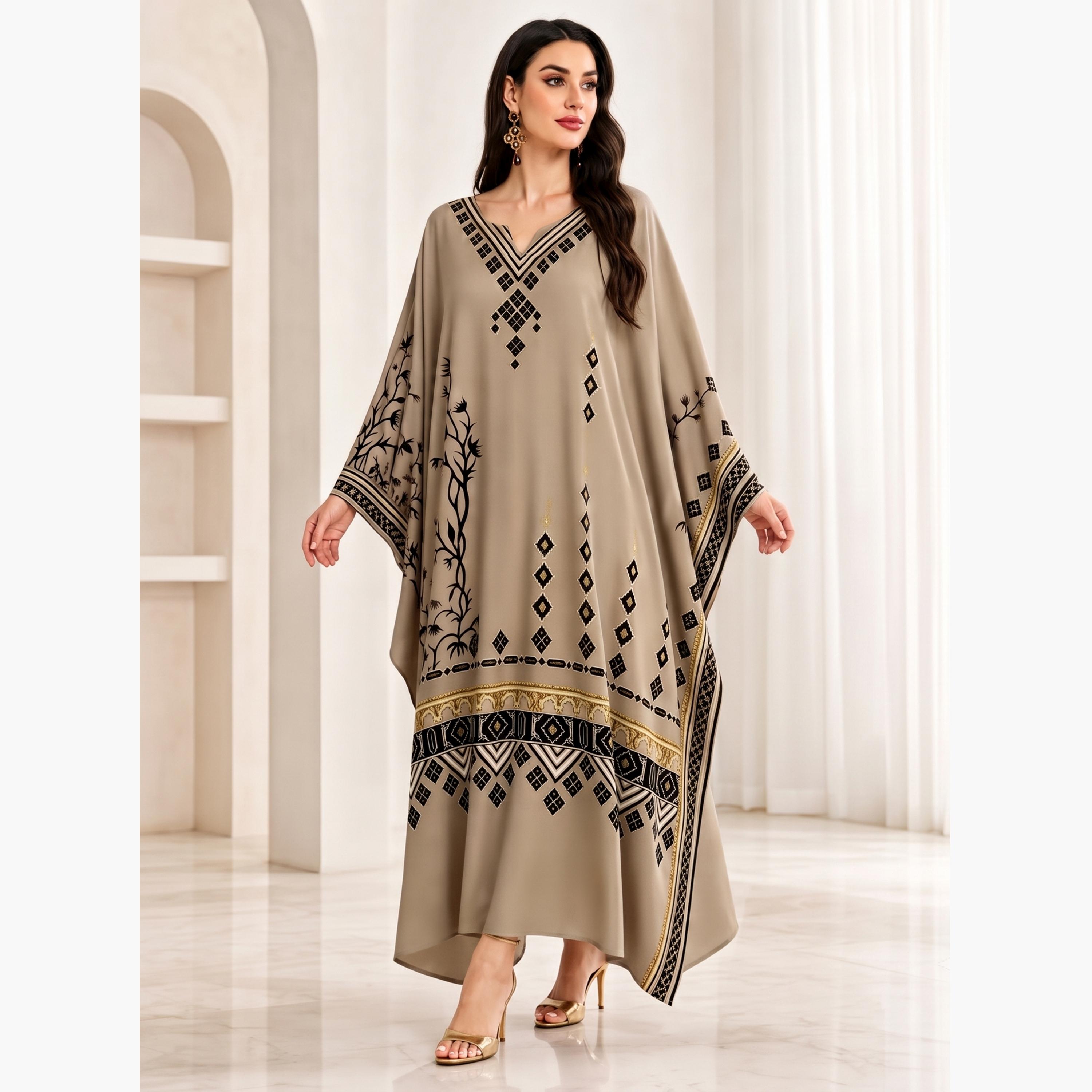 Take Two Brown Graphic Print Batwing Sleeves Kaftan-women-arabicclothing-kaftan-image-2