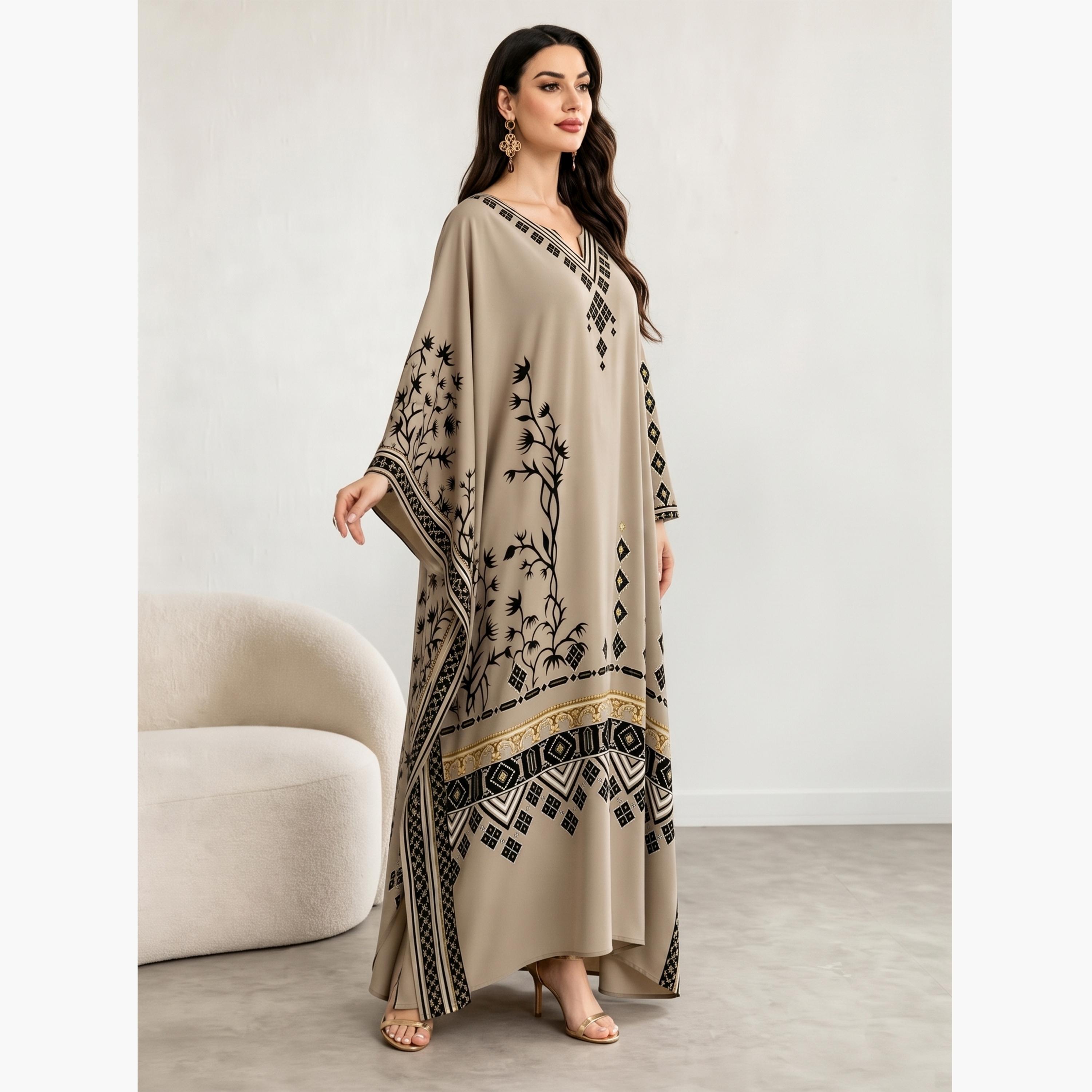 Take Two Brown Graphic Print Batwing Sleeves Kaftan-women-arabicclothing-kaftan-image-3