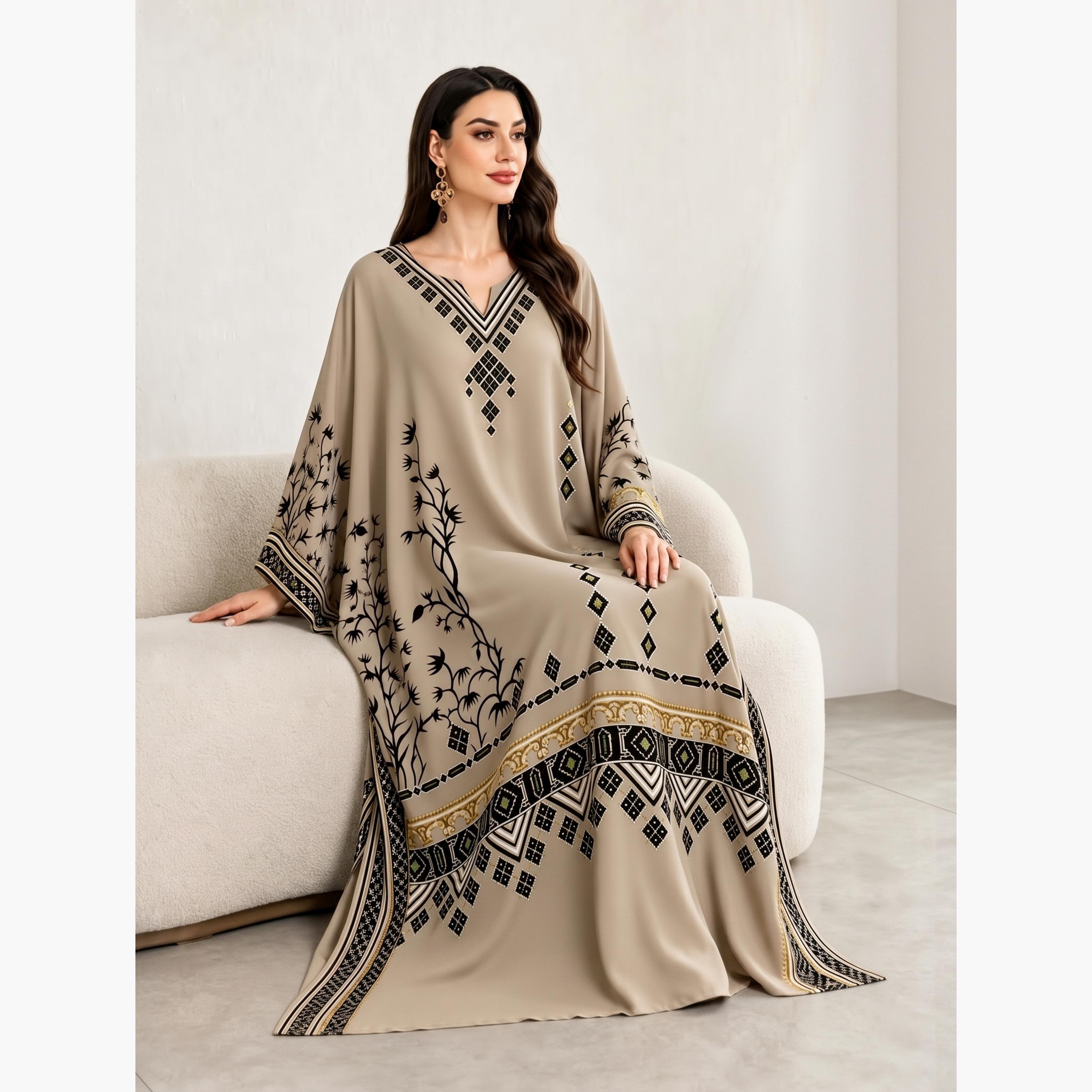 Take Two Brown Graphic Print Batwing Sleeves Kaftan-women-arabicclothing-kaftan-image-4