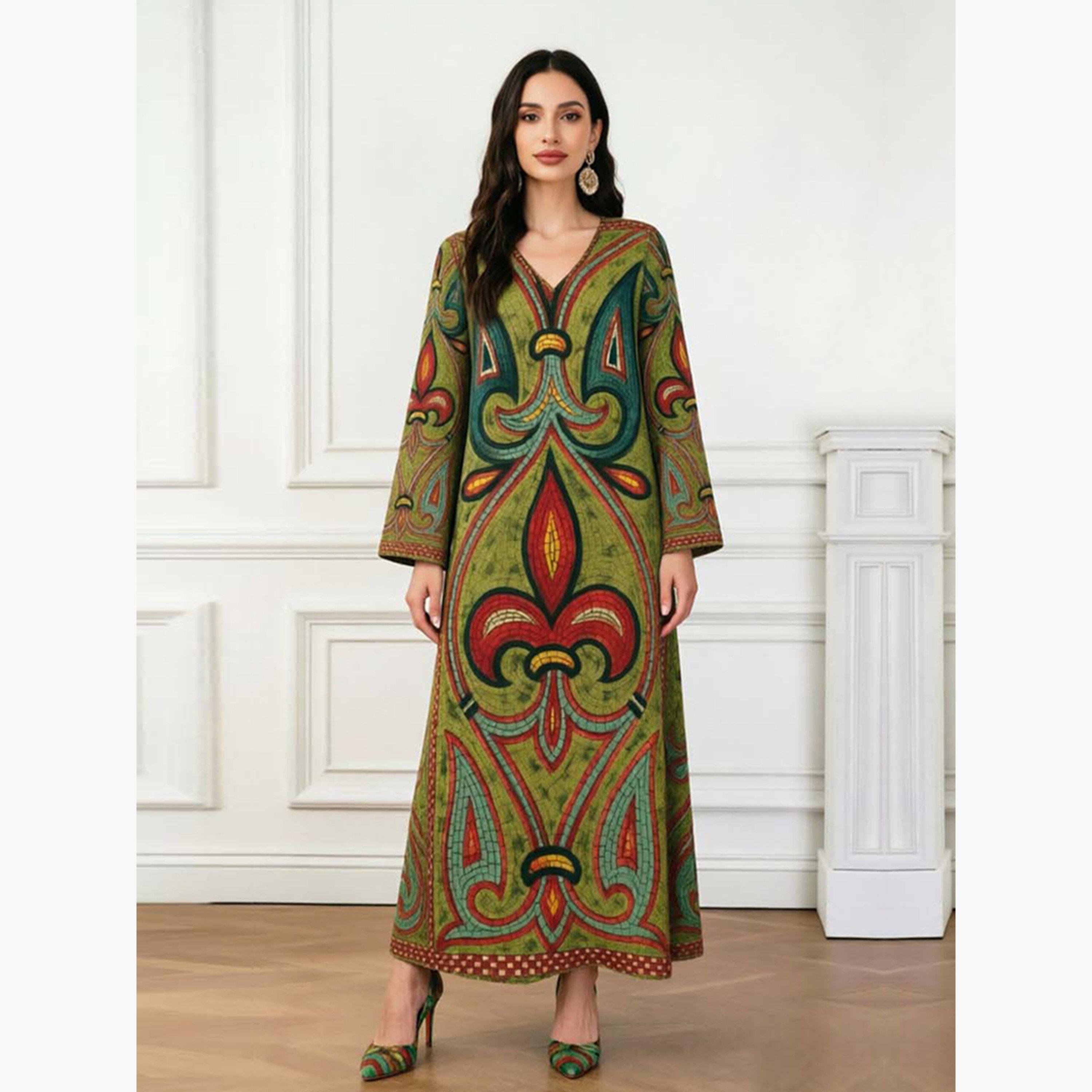 Take Two Olive V Neck Graphic Print Jalabiya-women-arabicclothing-jalabiyas-image-2