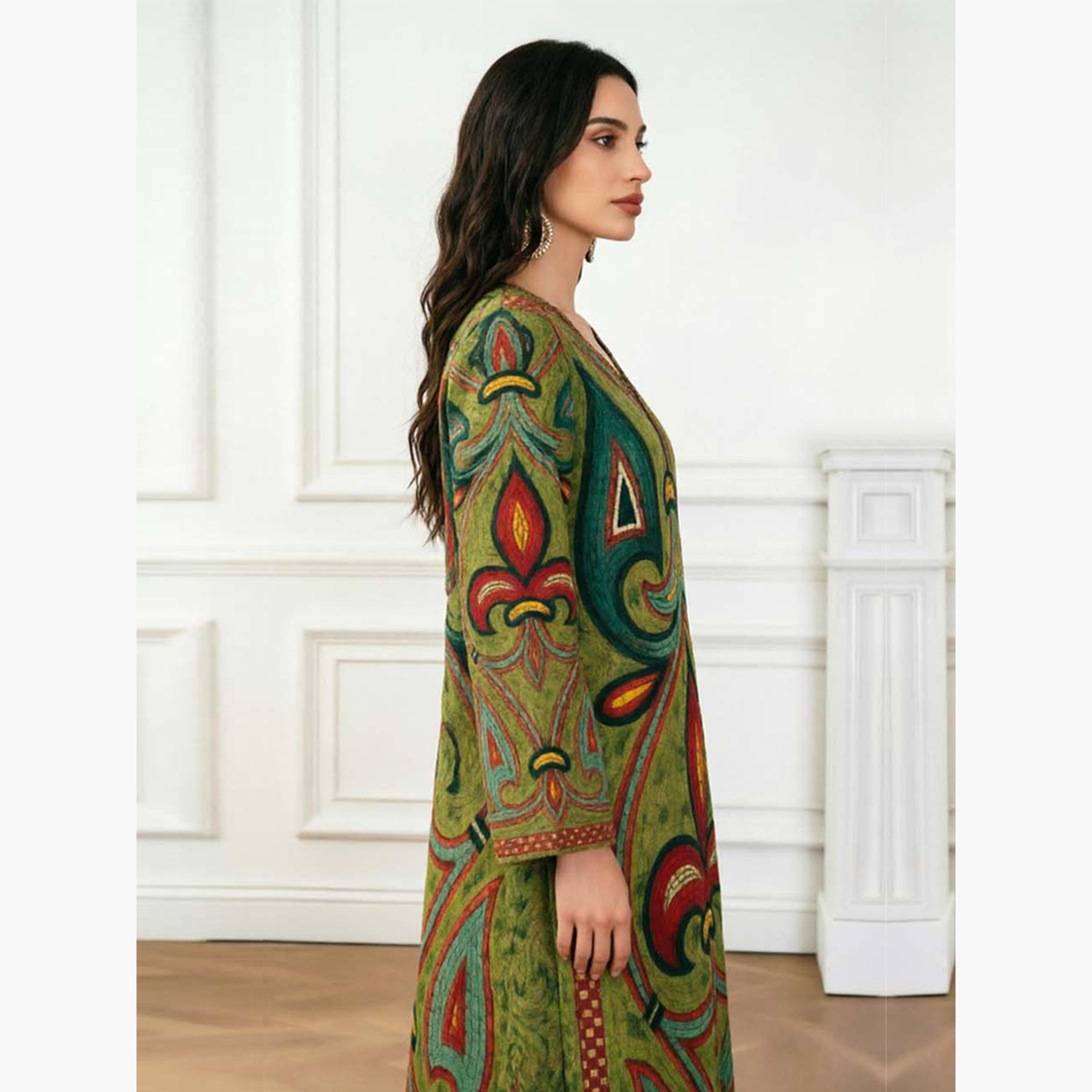 Take Two Olive V Neck Graphic Print Jalabiya-women-arabicclothing-jalabiyas-image-3