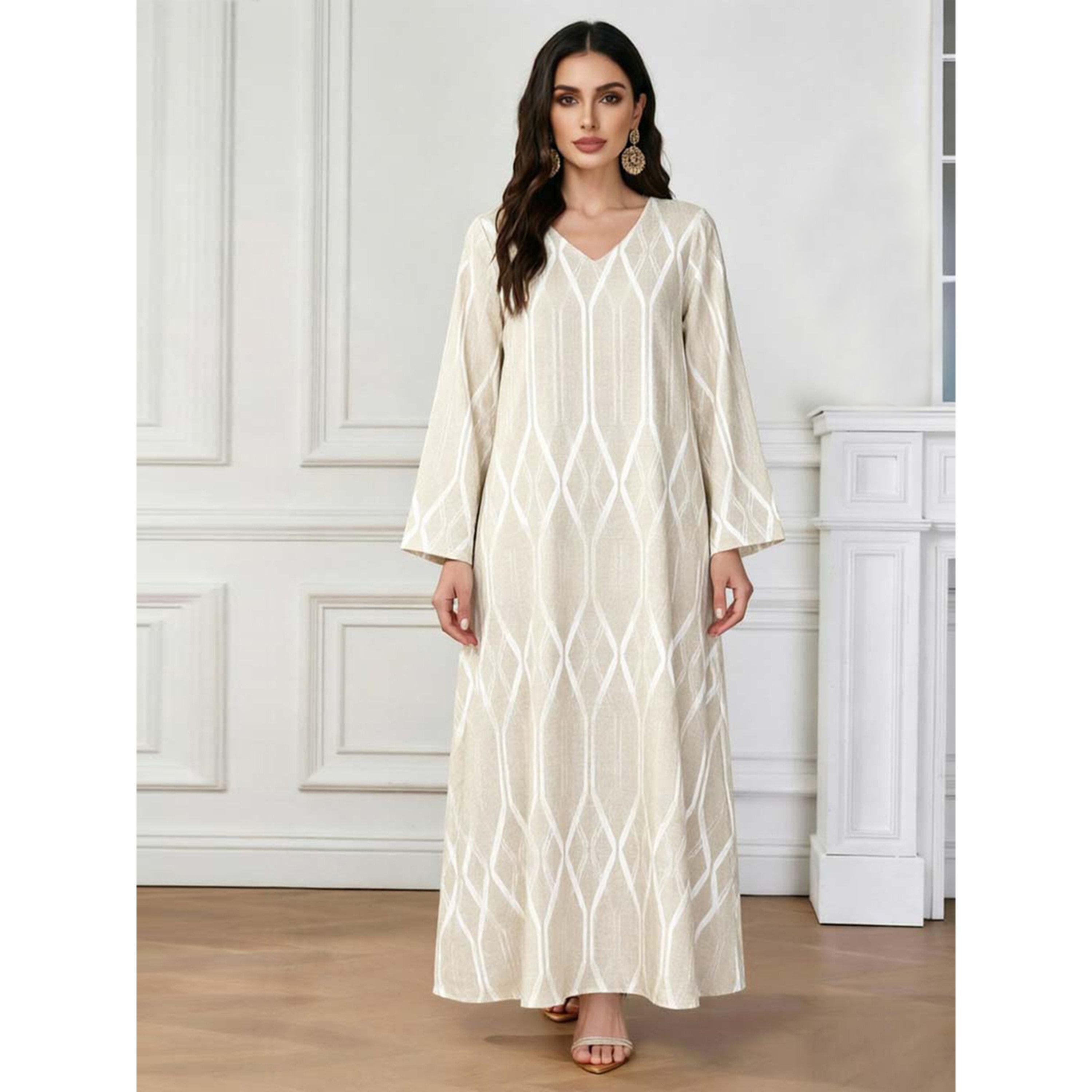Take Two Beige V Neck Geometric Print Jalabiya-women-arabicclothing-jalabiyas-image-1