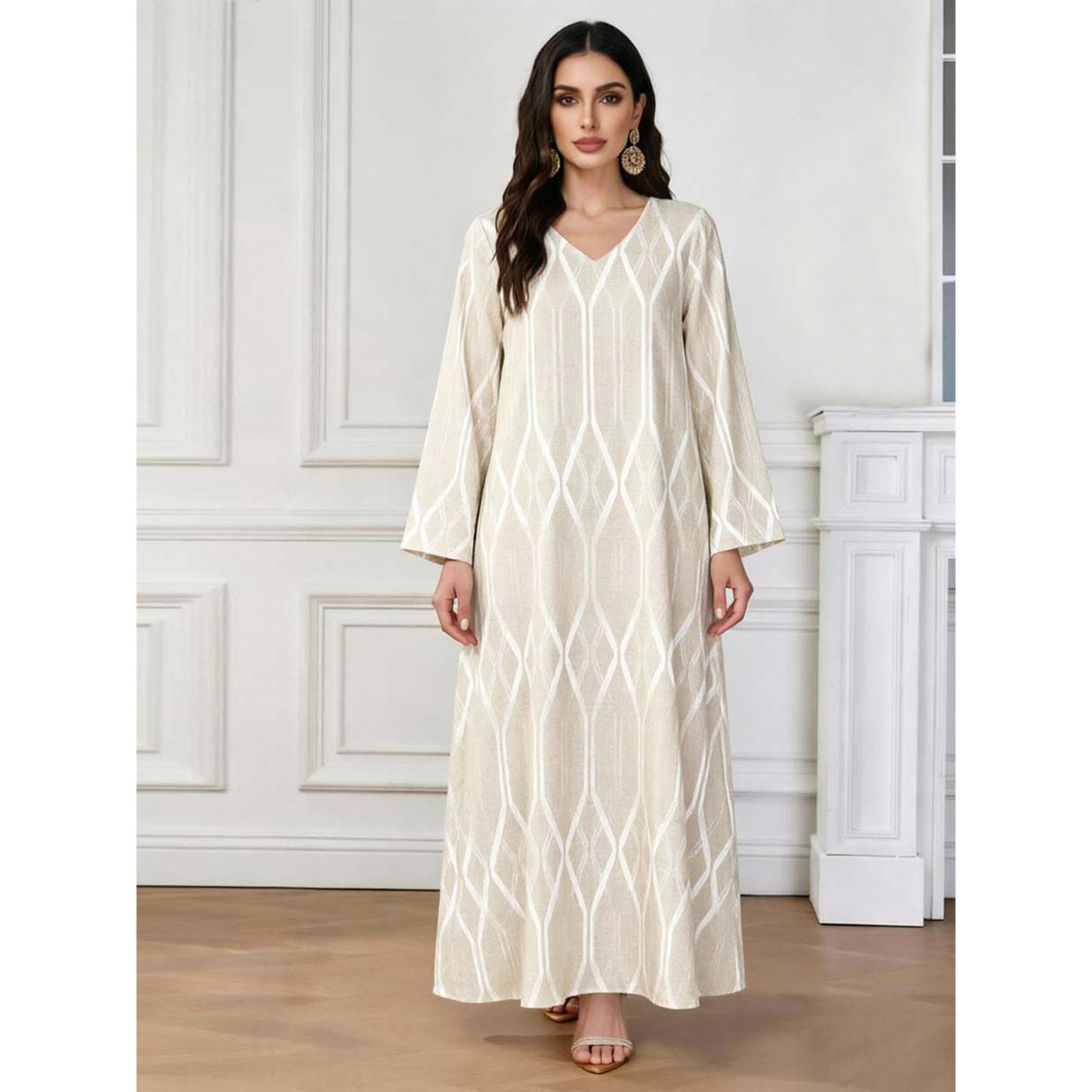 Take Two Beige V Neck Geometric Print Jalabiya-women-arabicclothing-jalabiyas-image-2