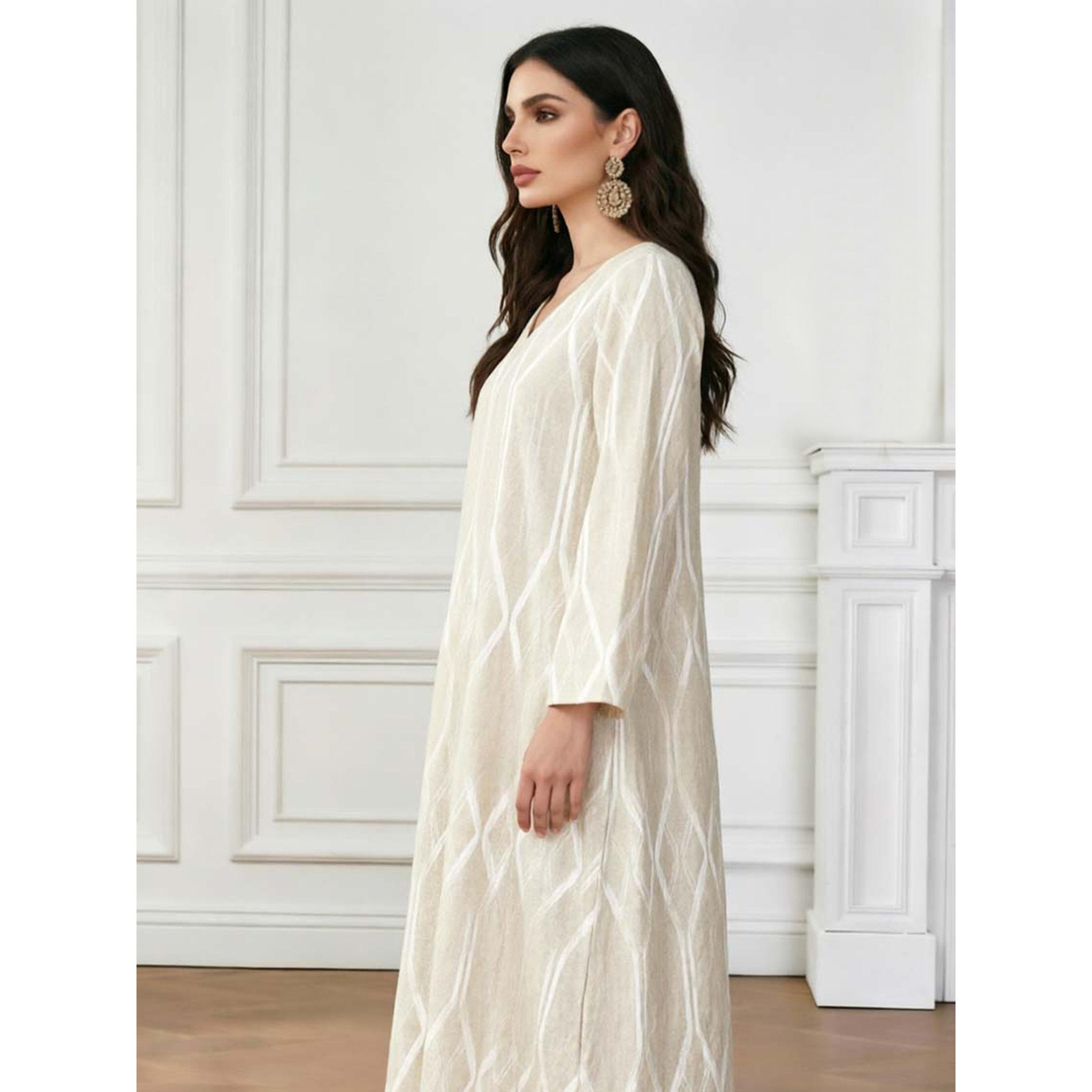 Take Two Beige V Neck Geometric Print Jalabiya-women-arabicclothing-jalabiyas-image-3